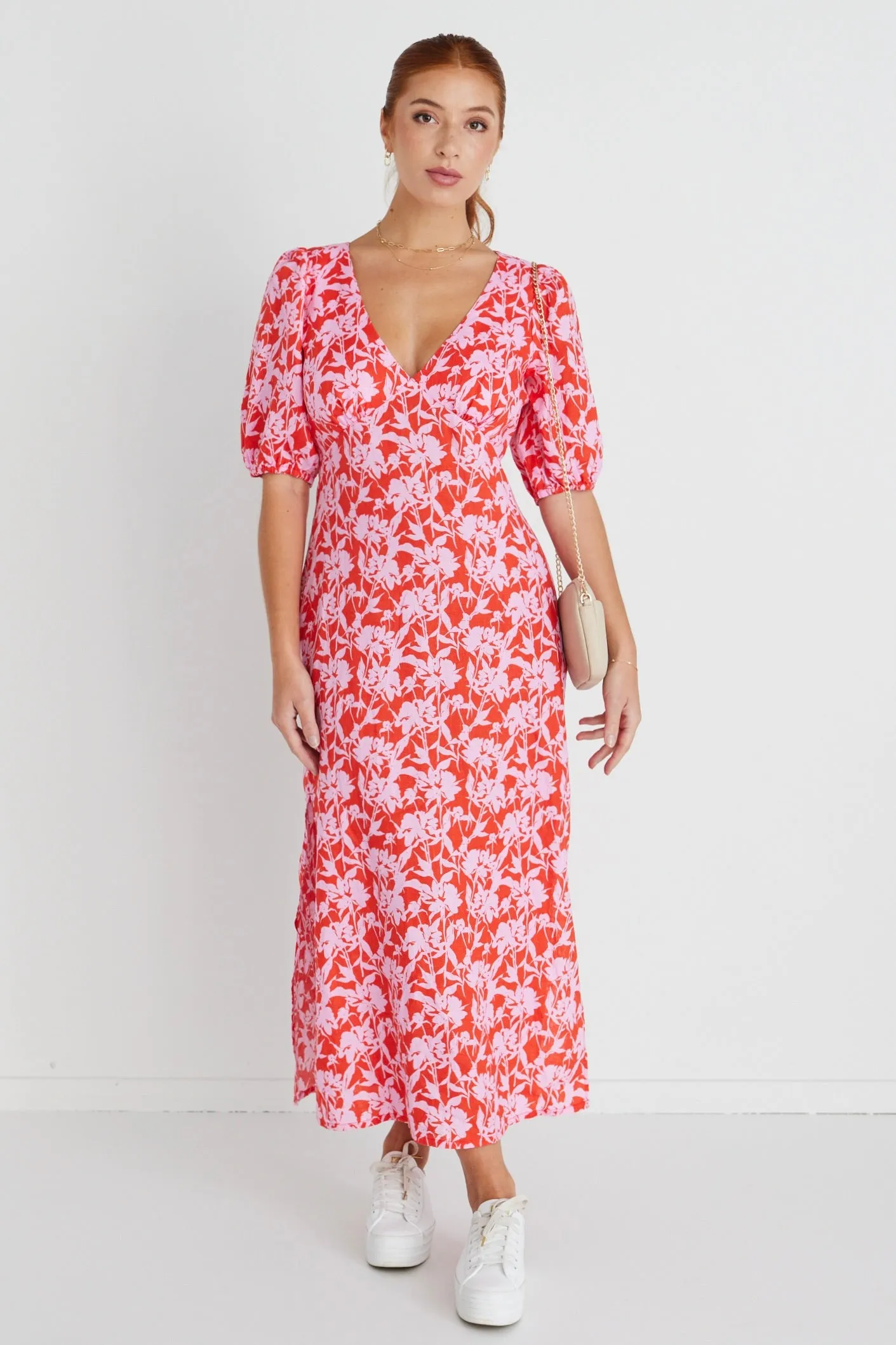 Amora Pink Floral Shadows SS Bias Midi Dress