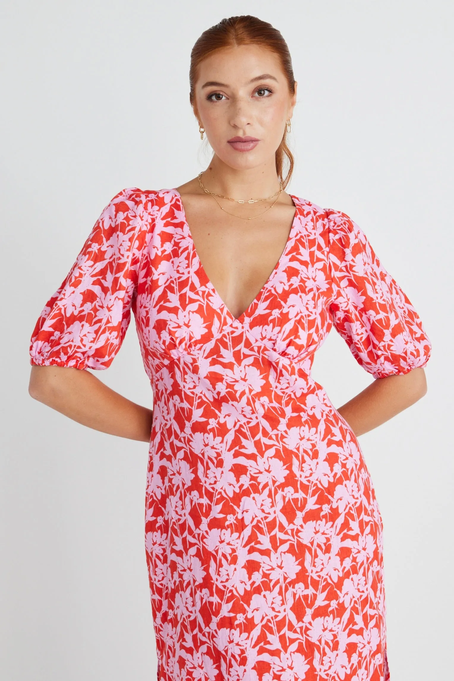 Amora Pink Floral Shadows SS Bias Midi Dress