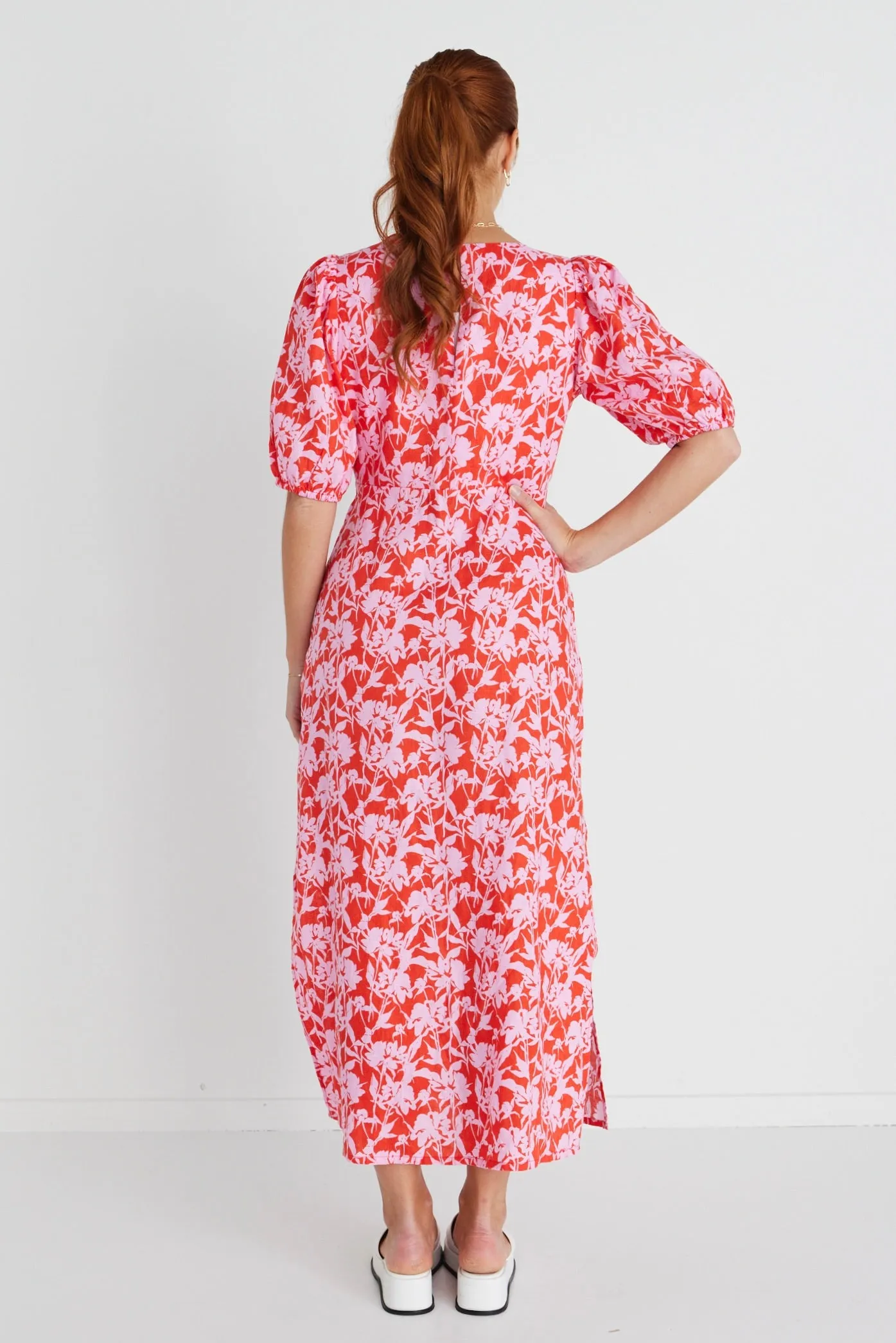 Amora Pink Floral Shadows SS Bias Midi Dress