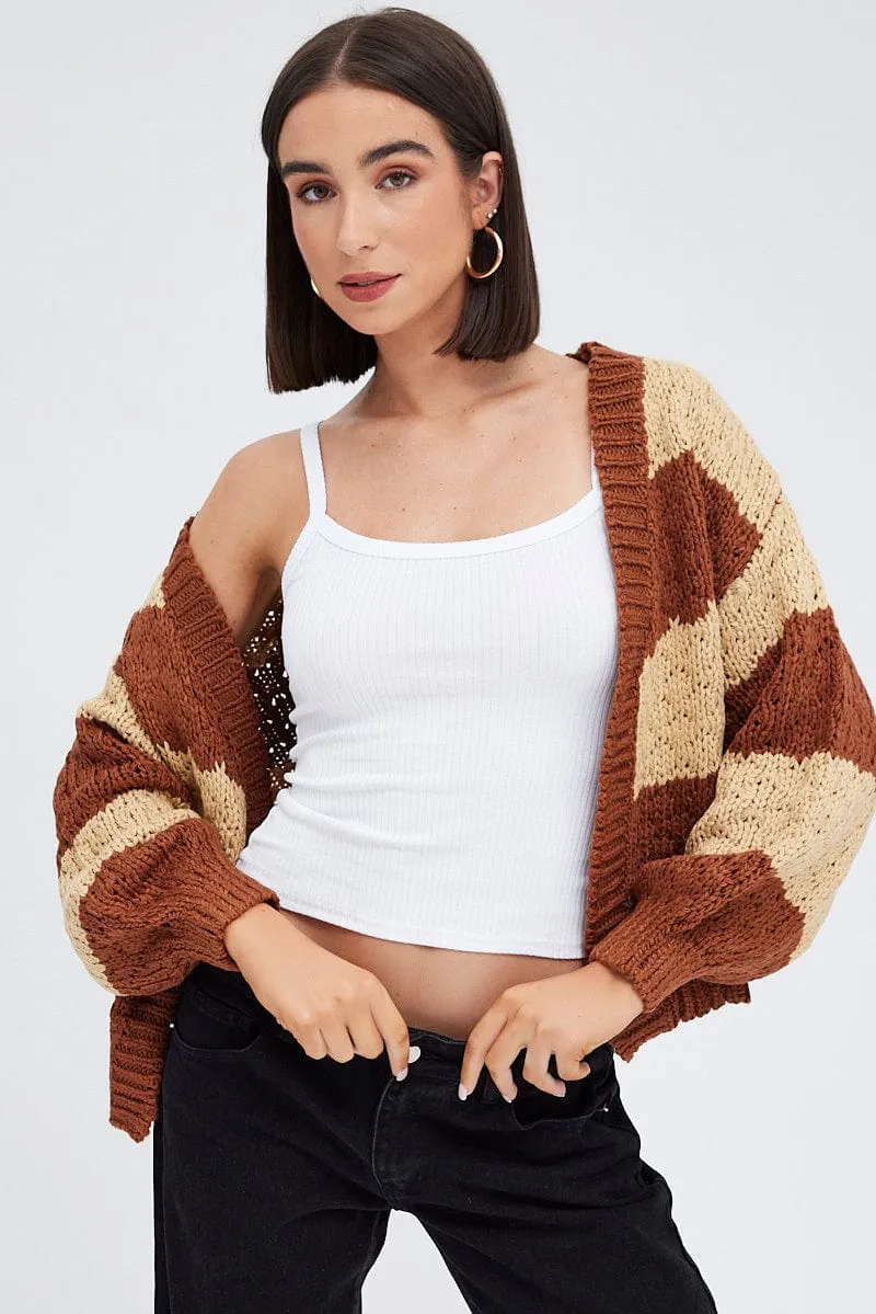 Beige Stripe Oversized Crop Cardigan