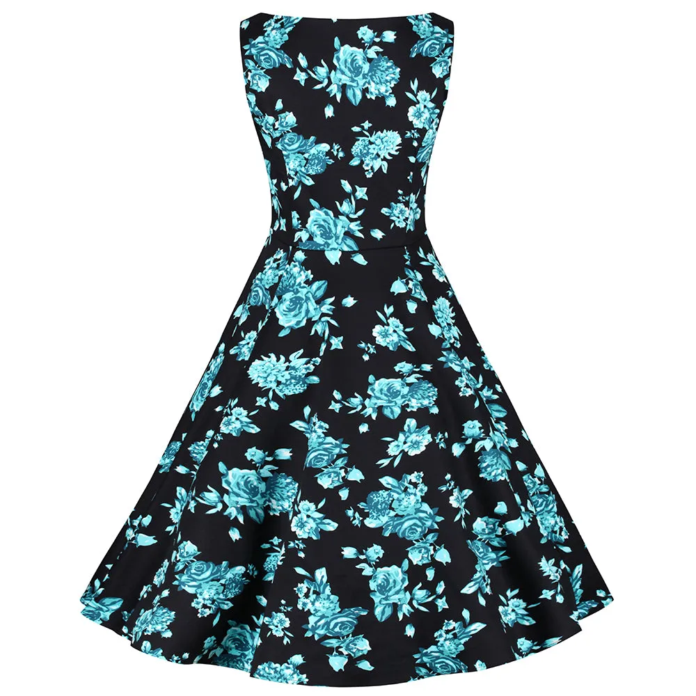 Black and Blue Floral Print Rockabilly 50s Swing Dress