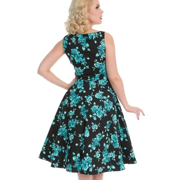 Black and Blue Floral Print Rockabilly 50s Swing Dress