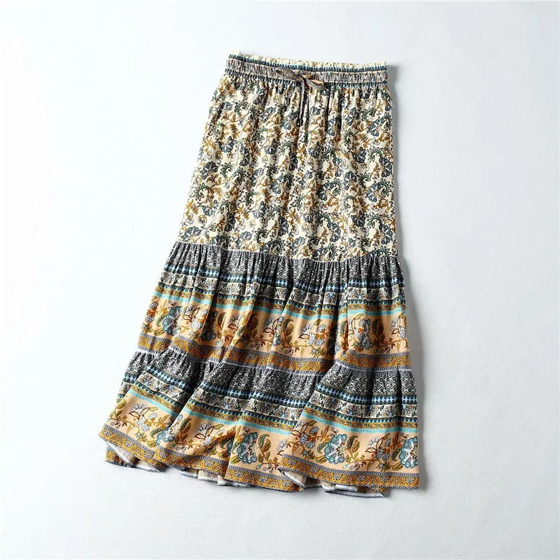 Bohemian Midi Skirt Beige Or Red You Choose Floral Boho Gypsy Print Long Maxi Skirt Available In Small Medium Or Large