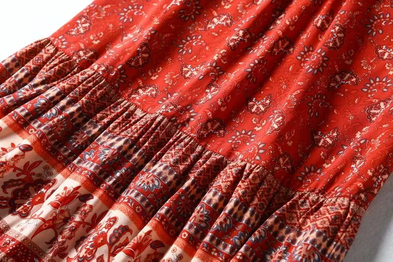 Bohemian Midi Skirt Beige Or Red You Choose Floral Boho Gypsy Print Long Maxi Skirt Available In Small Medium Or Large