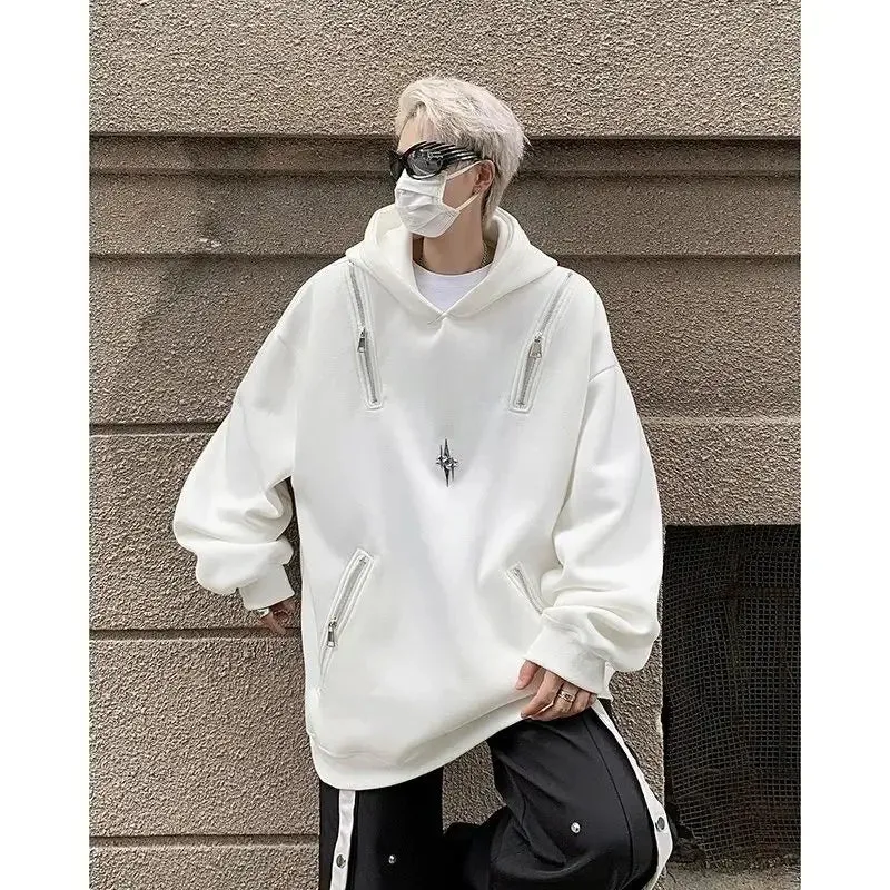 Bonsir zipper heavy sweatshirt men's spring and autumn trendy brand hooded deconstructed loose top oversize high street jacket