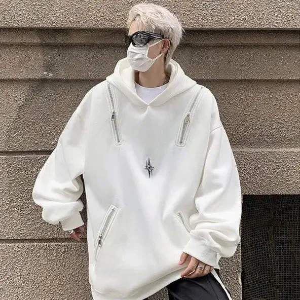 Bonsir zipper heavy sweatshirt men's spring and autumn trendy brand hooded deconstructed loose top oversize high street jacket