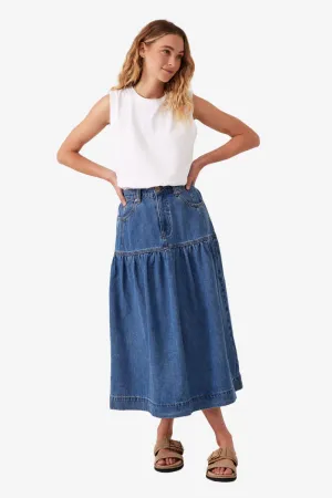 Ceres Life - Drop Waist Denim Midi Skirt - Fresh Indigo