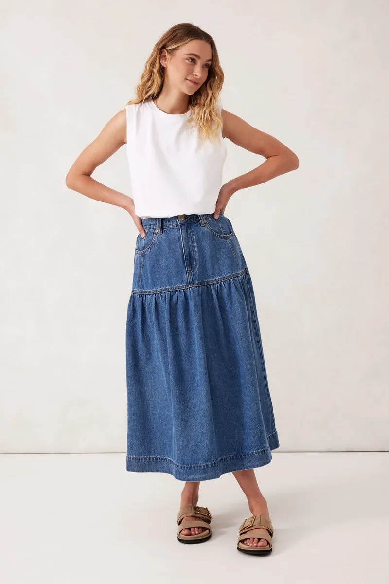 Ceres Life - Drop Waist Denim Midi Skirt - Fresh Indigo