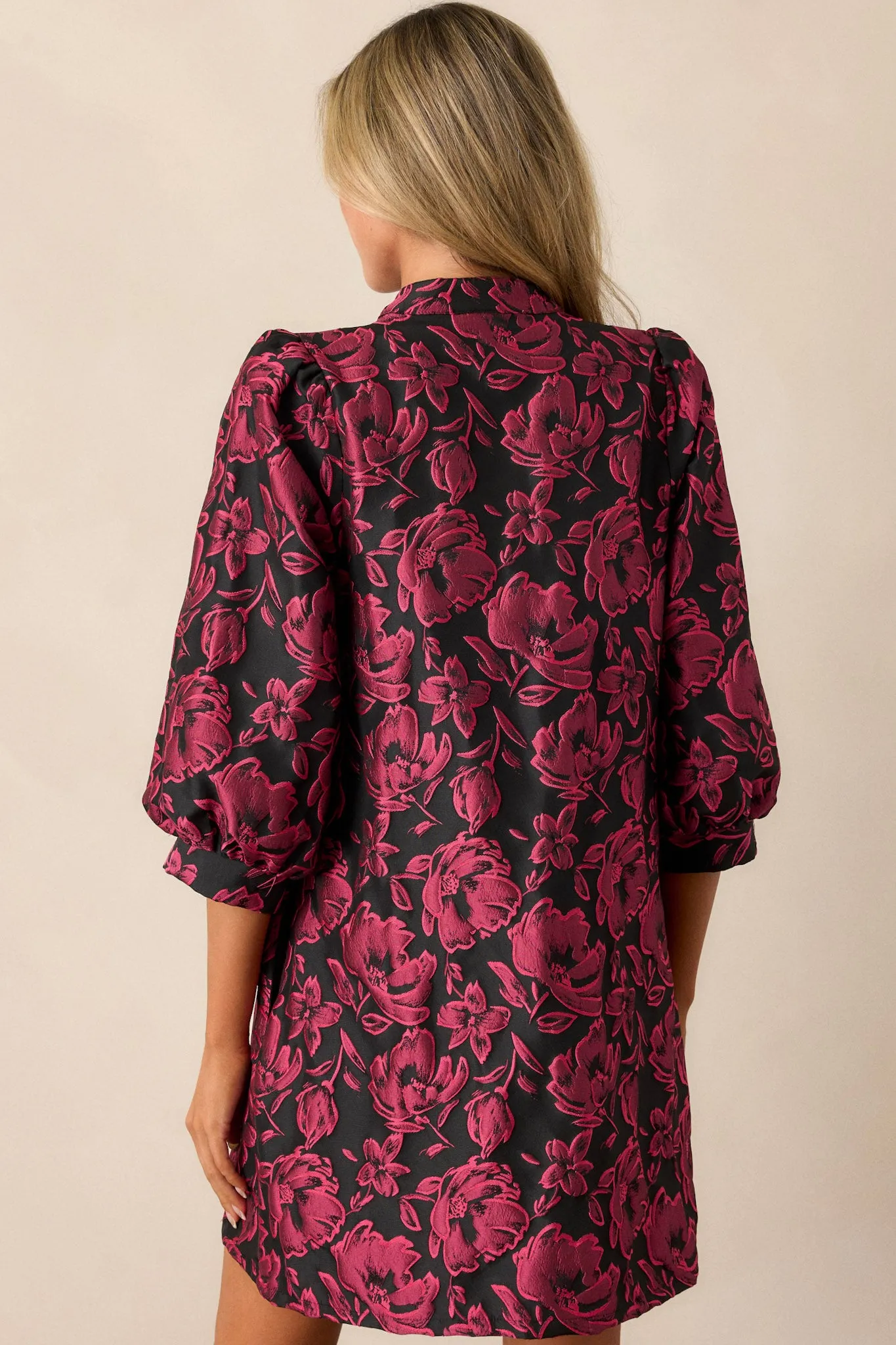 Divine Ways Dark Fuchsia Floral Jacquard Mini Dress