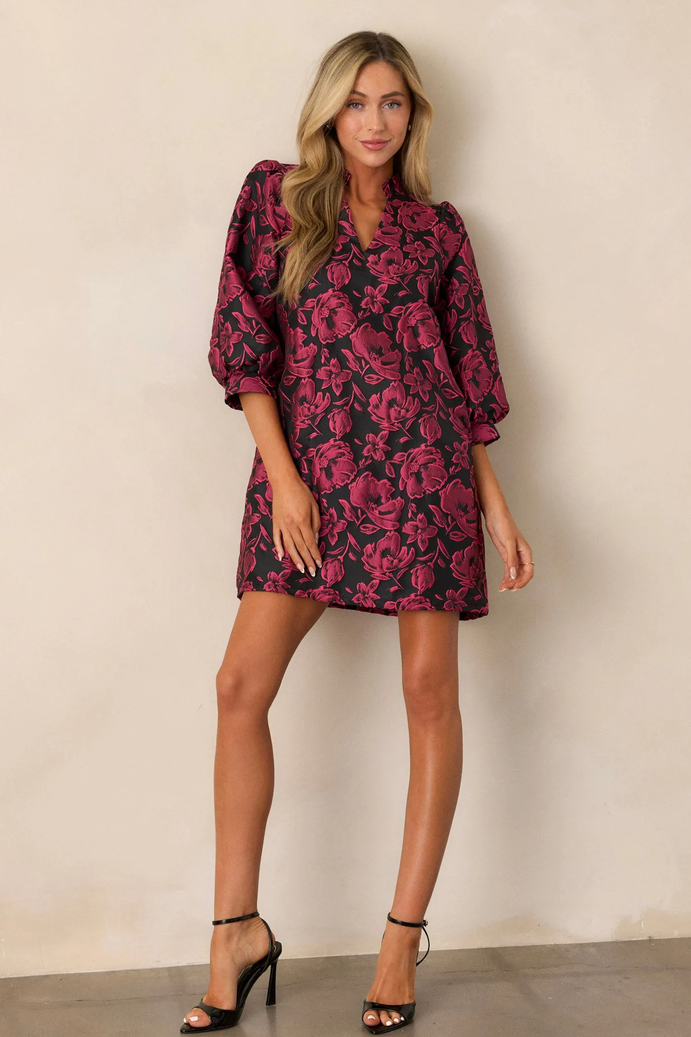 Divine Ways Dark Fuchsia Floral Jacquard Mini Dress