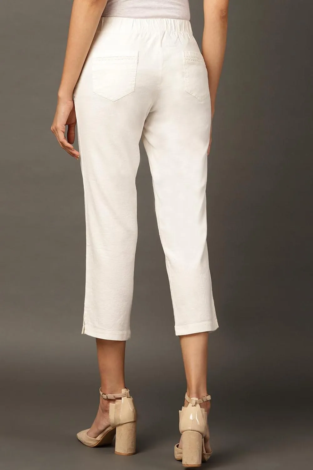 Falak Off White Cotton Linen Relaxed Fit Pants for Women