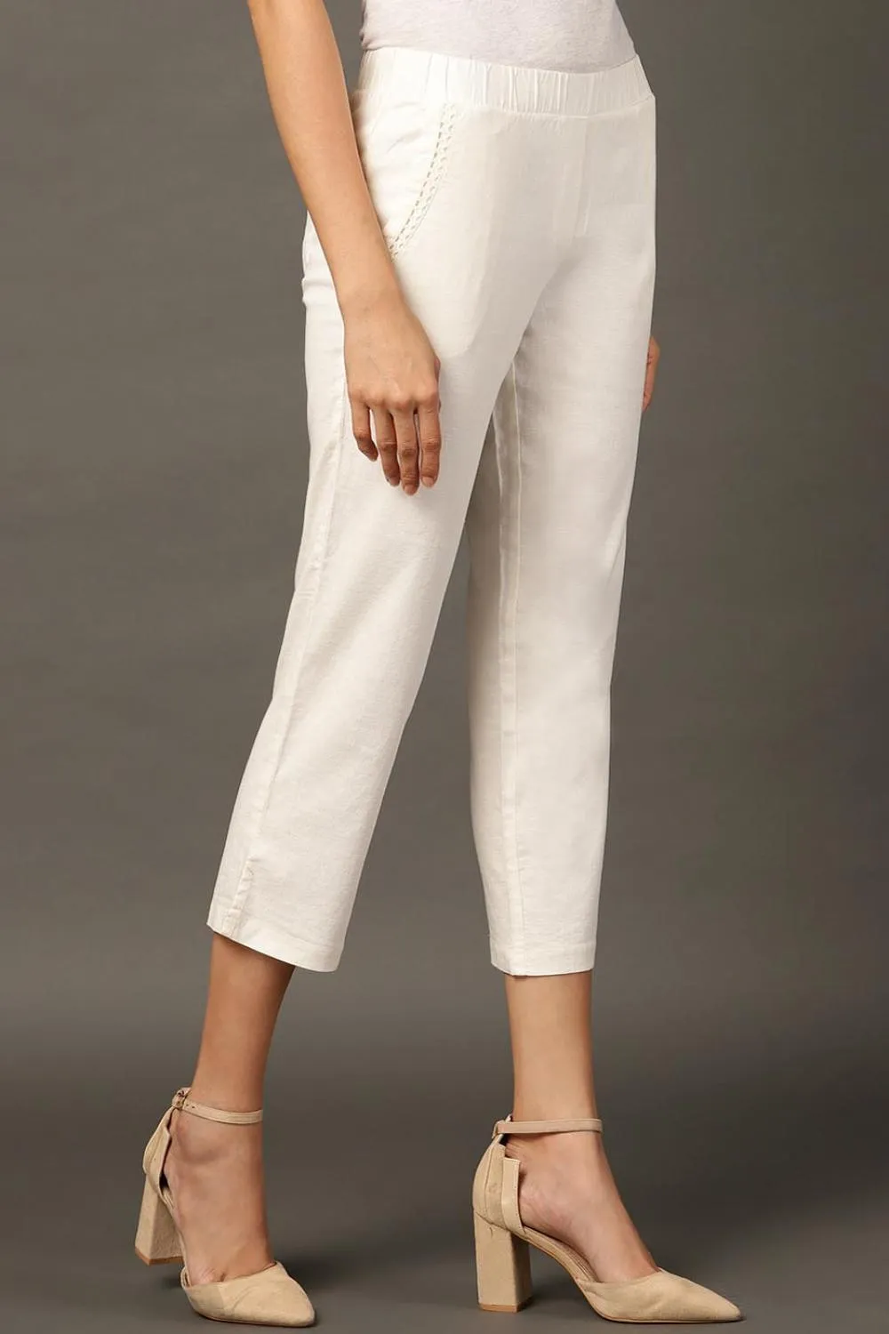 Falak Off White Cotton Linen Relaxed Fit Pants for Women