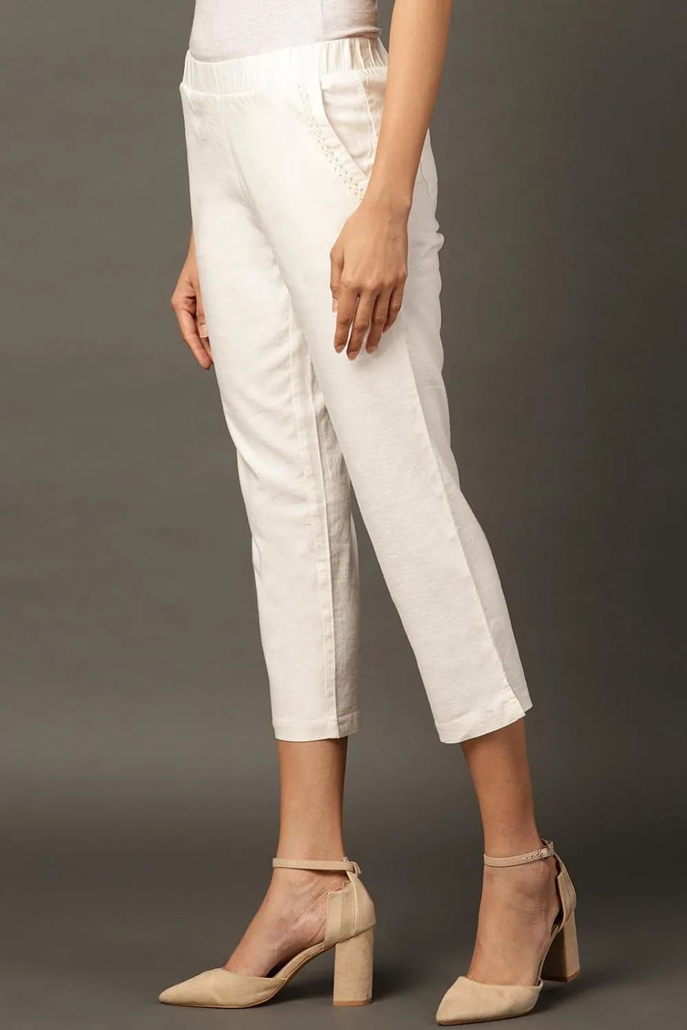 Falak Off White Cotton Linen Relaxed Fit Pants for Women