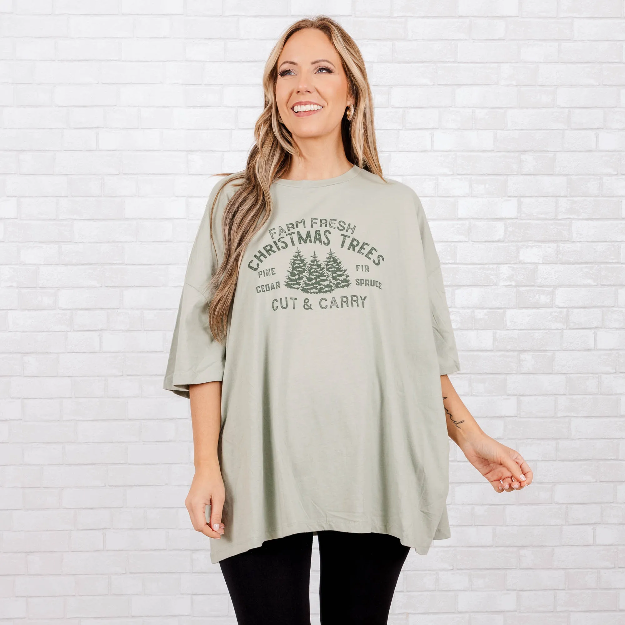 Farm Fresh Christmas Tree Boyfriend Tee, Sage