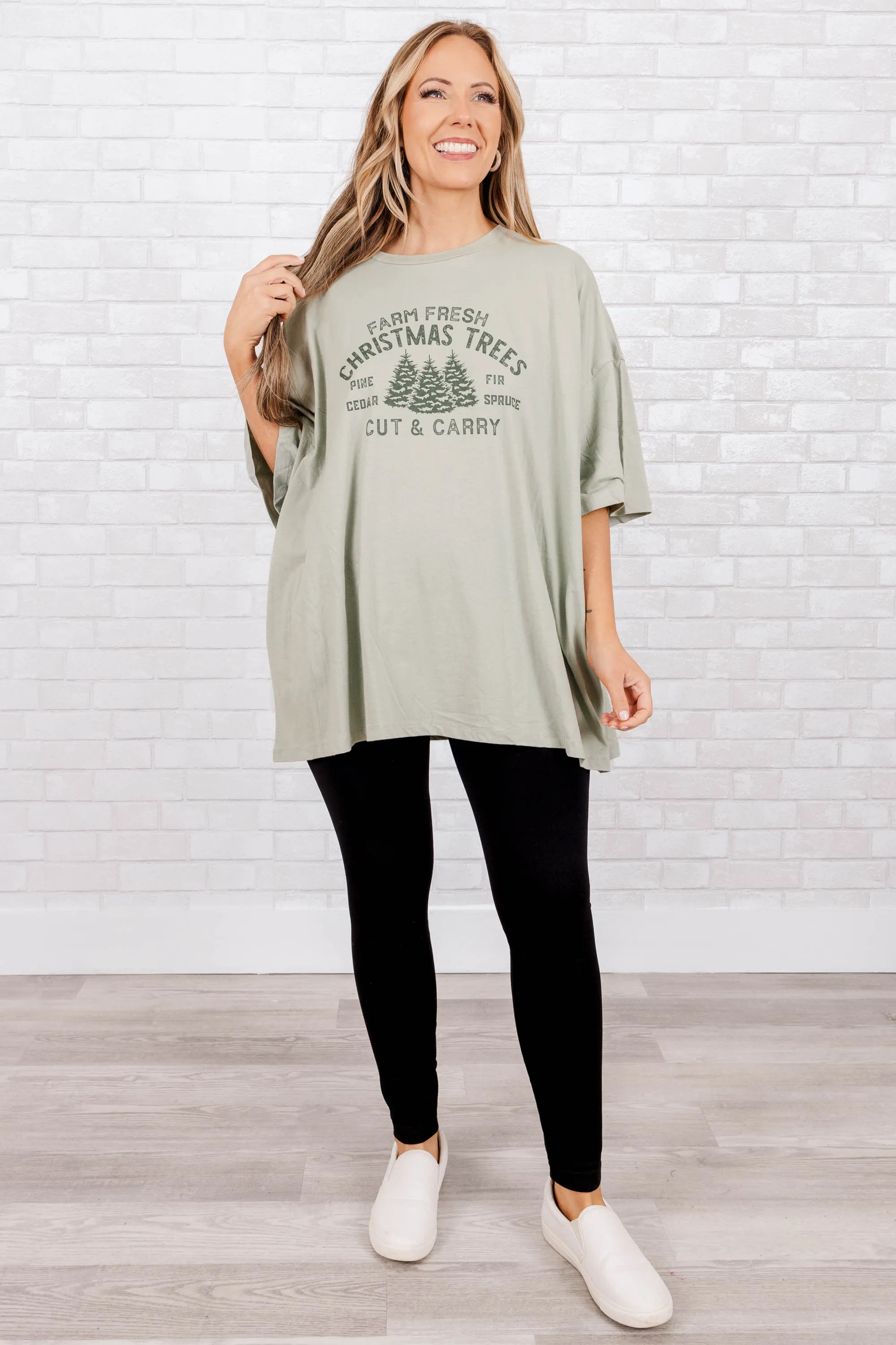 Farm Fresh Christmas Tree Boyfriend Tee, Sage