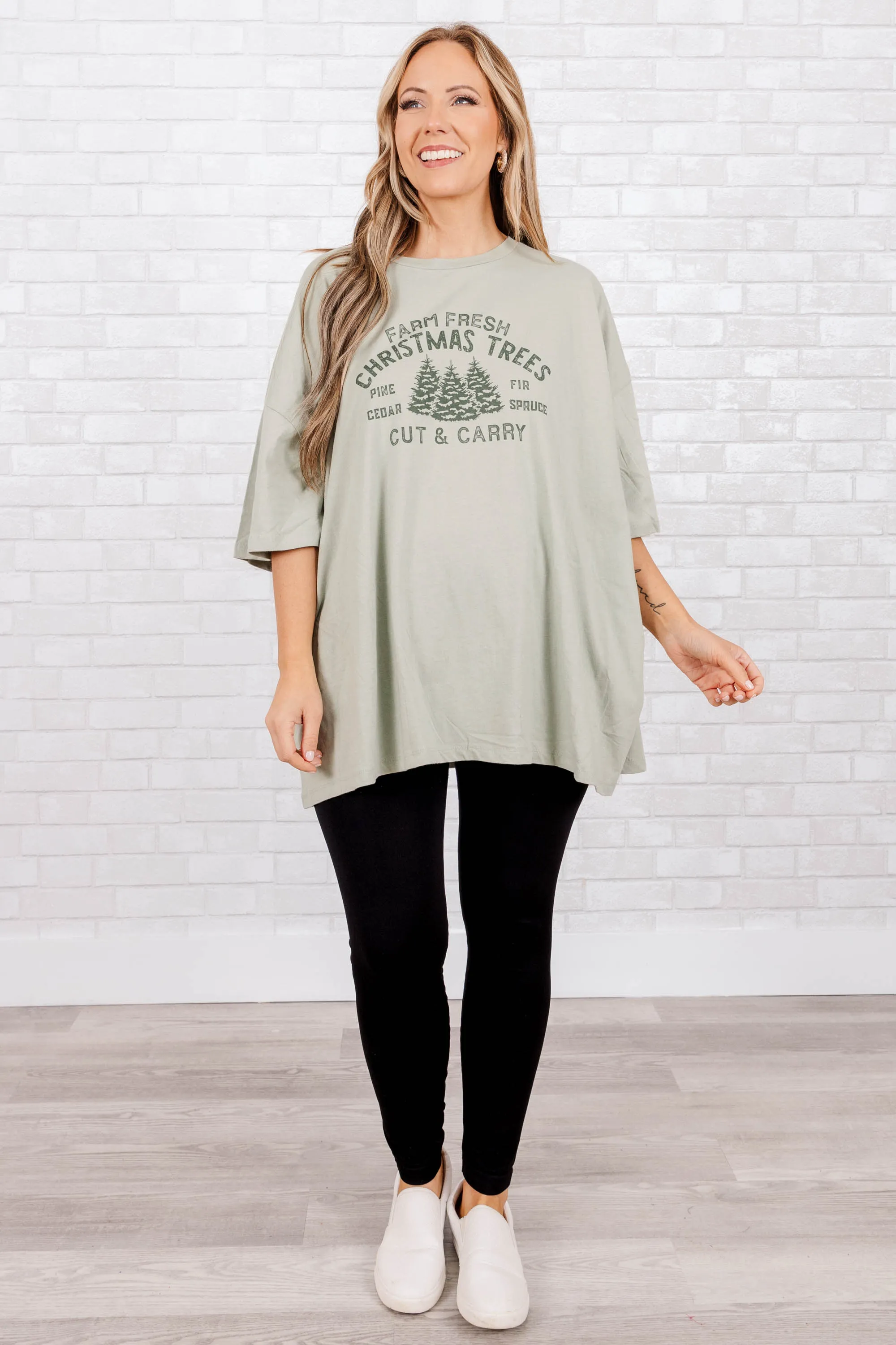 Farm Fresh Christmas Tree Boyfriend Tee, Sage