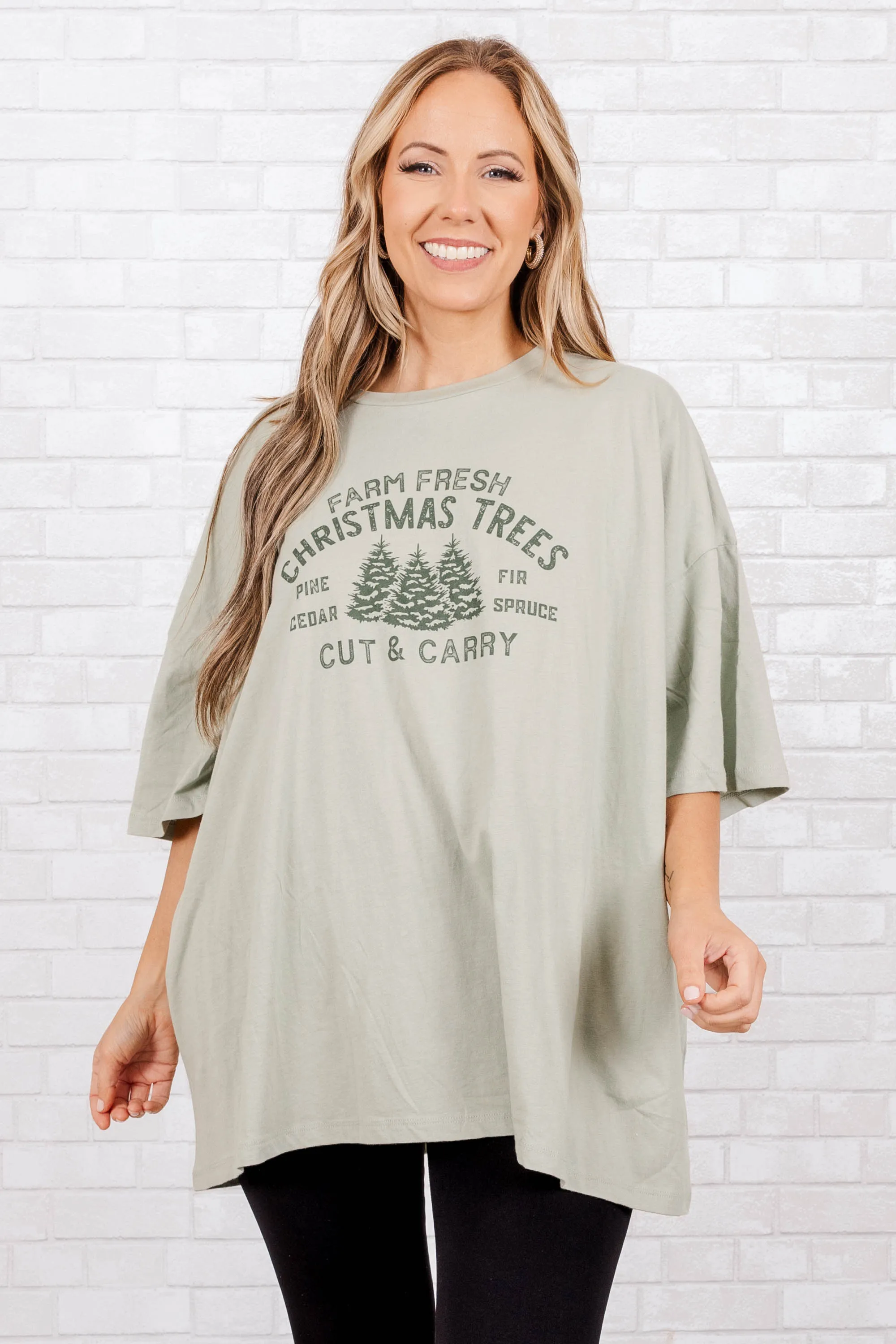 Farm Fresh Christmas Tree Boyfriend Tee, Sage