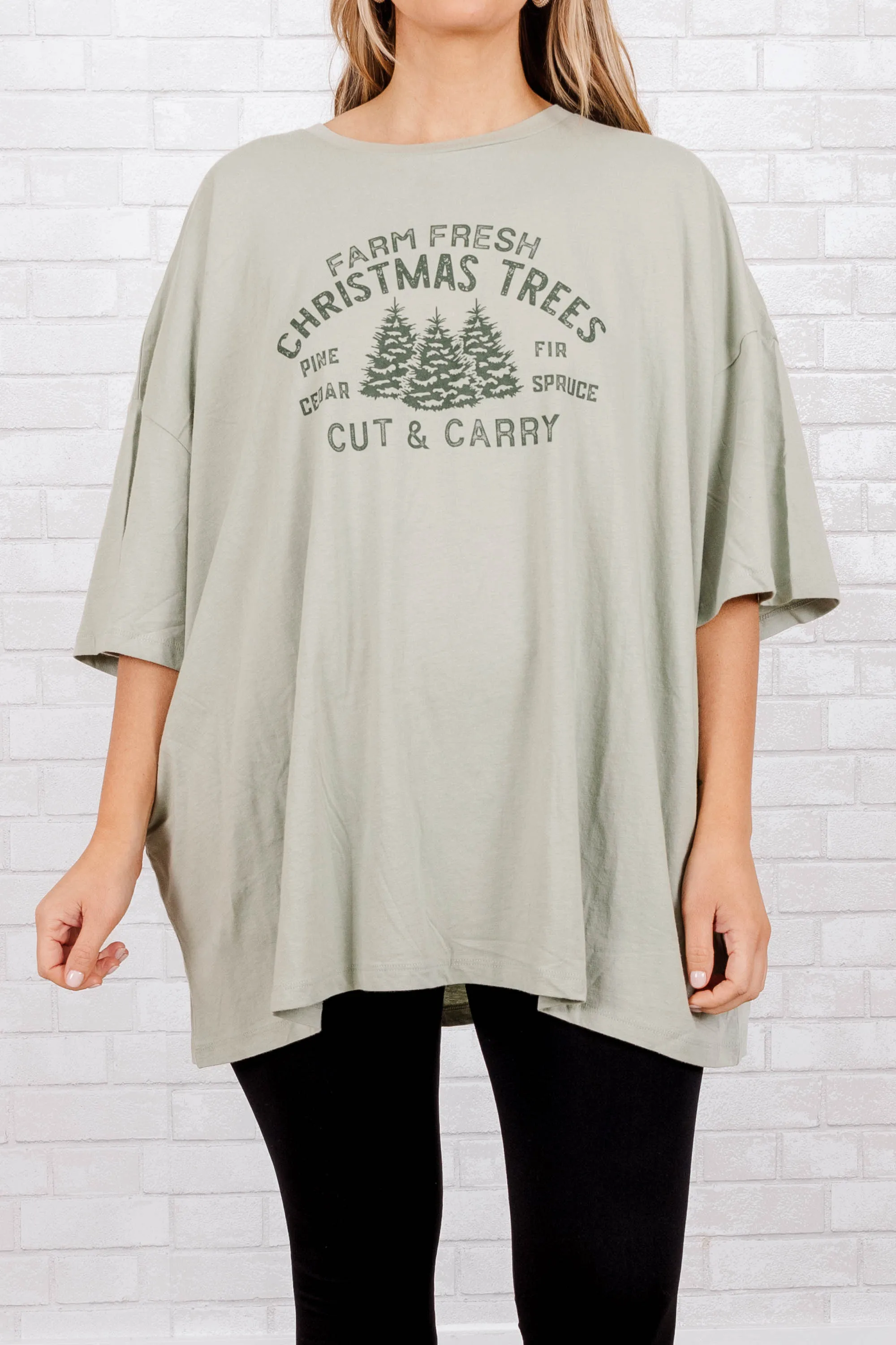 Farm Fresh Christmas Tree Boyfriend Tee, Sage