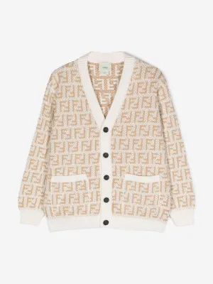 Fendi Kids FF Logo Cardigan in Beige