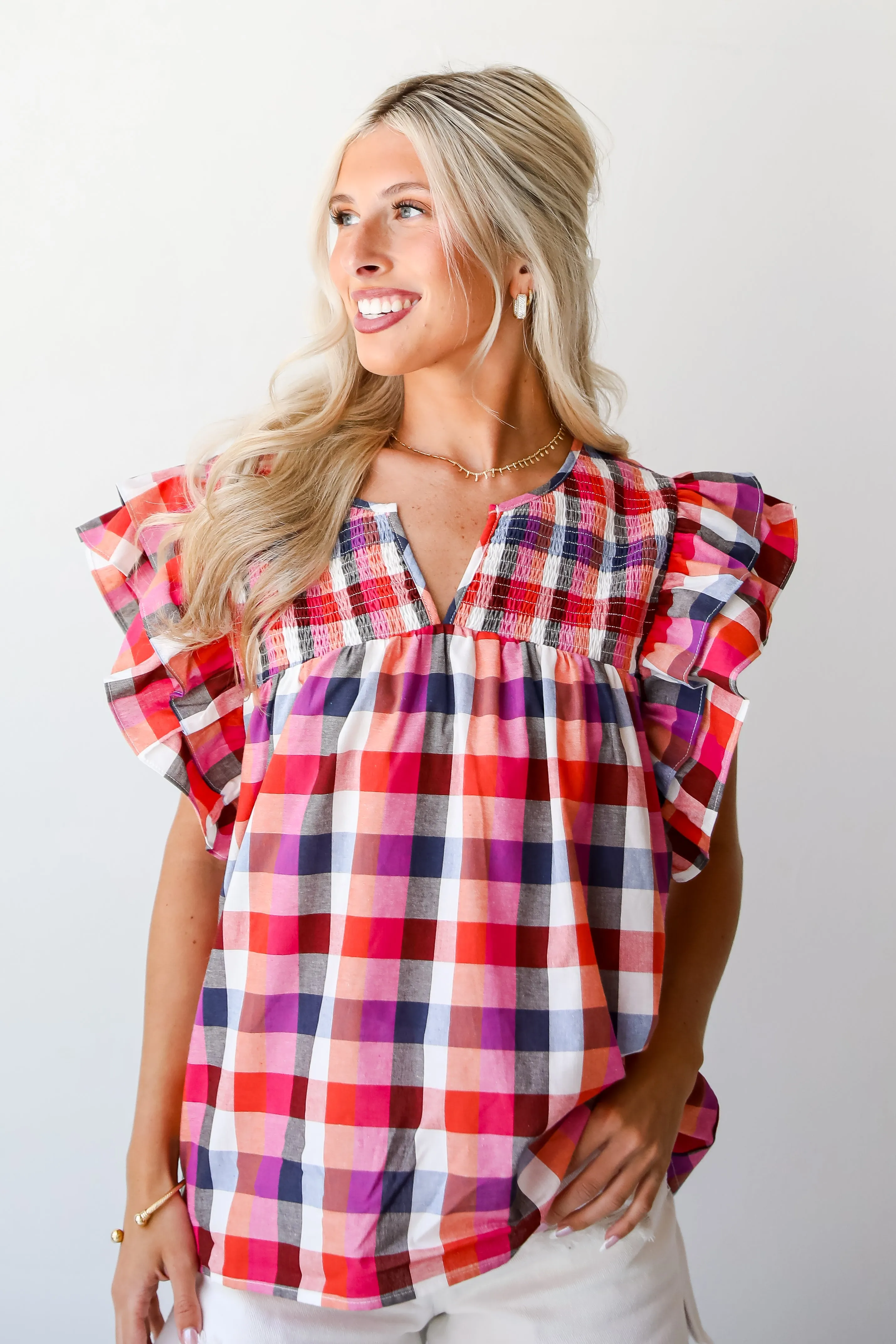 FINAL SALE - Dreamy Afternoons Fuchsia Plaid Blouse