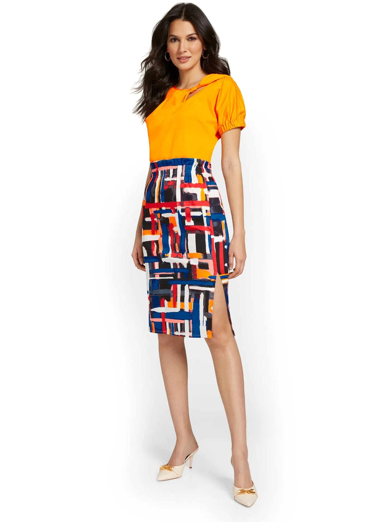 Geometric-Print Poplin Pencil Skirt