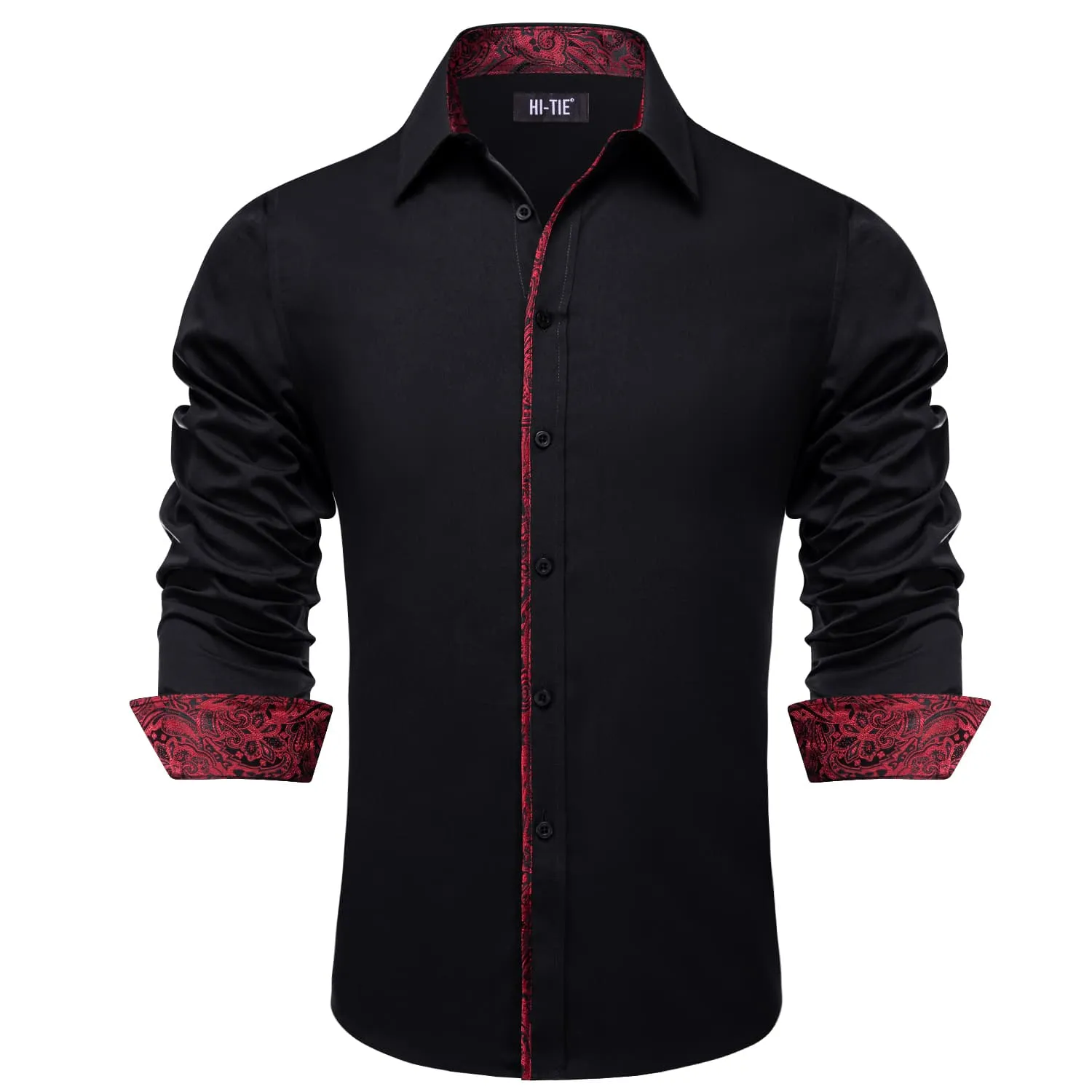 Hi-Tie Black Shirt with DarkRed Jacquard Collar Solid Shirt