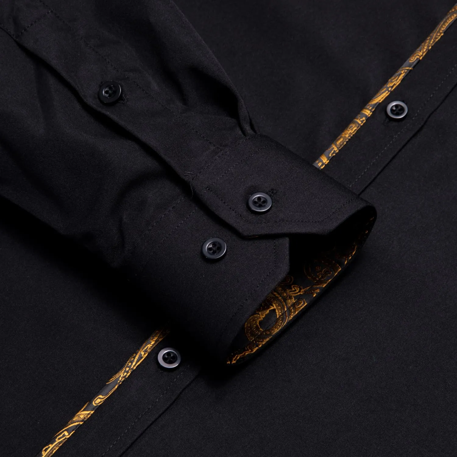 Hi-Tie Black Shirt with Golden Jacquard Collar Solid Shirt