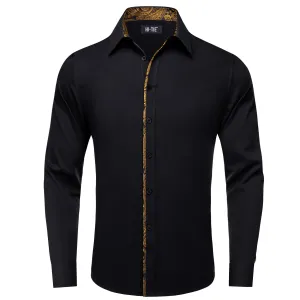 Hi-Tie Black Shirt with Golden Jacquard Collar Solid Shirt