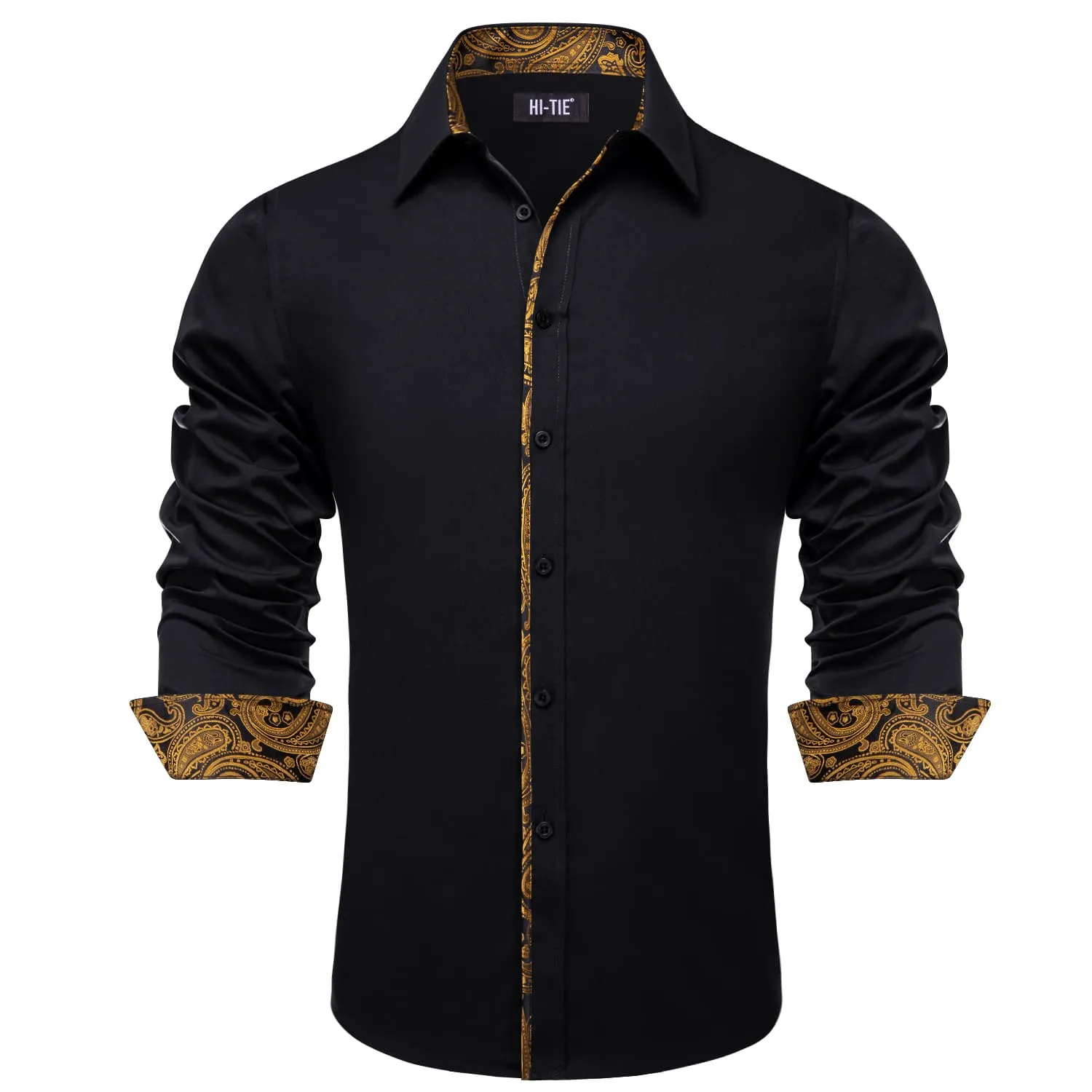 Hi-Tie Black Shirt with Golden Jacquard Collar Solid Shirt