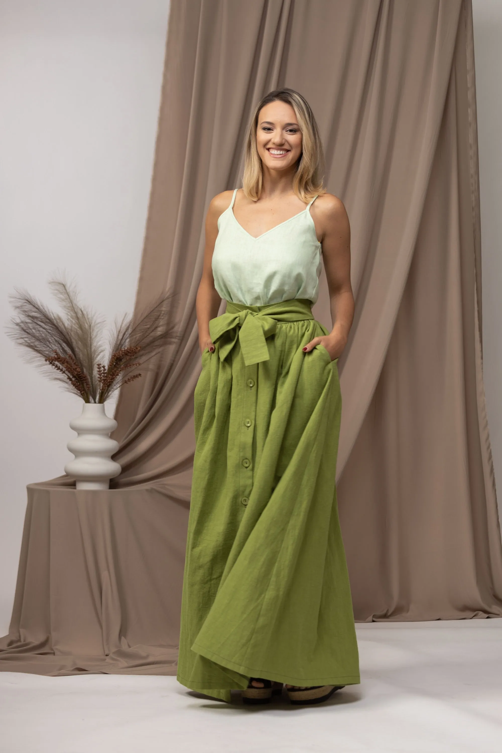 High Waist Linen Skirt with Sewed in Belt