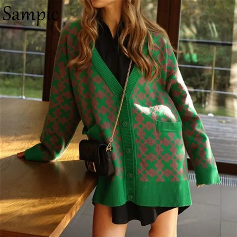 Joskaa Christmas Gift Sampic Chic Y2K Plaid Pull Knitted Cardigans Women Autumn Winter 2024 Casual Long Sleeve Green Print Patchwork Sweater Coat Tops