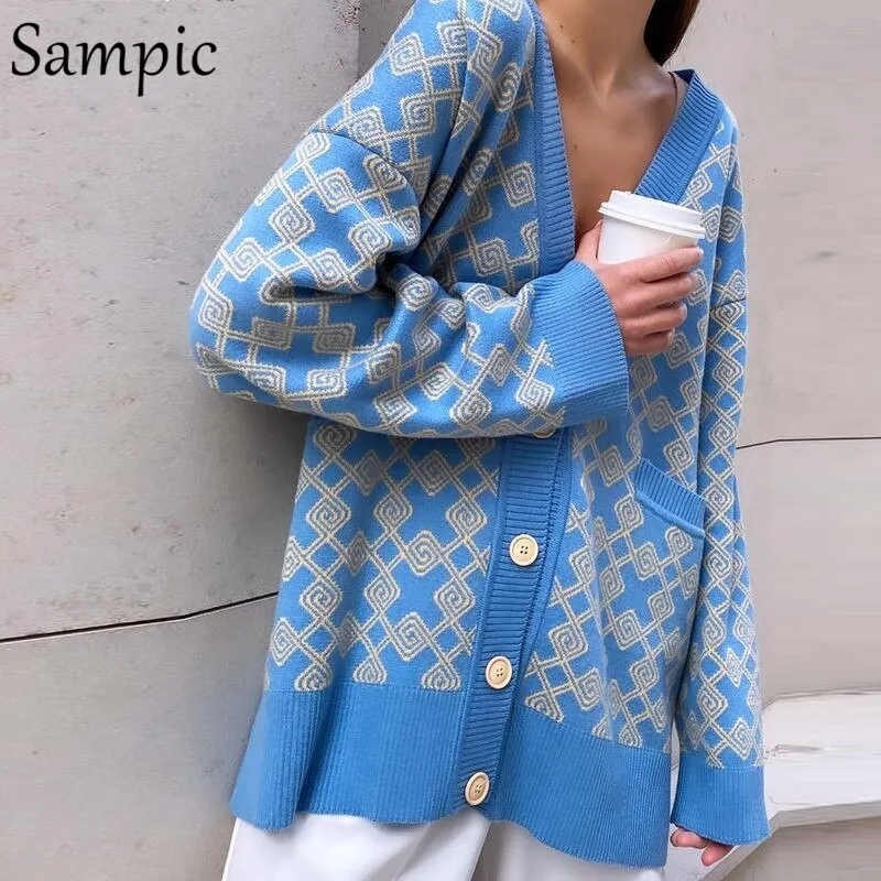 Joskaa Christmas Gift Sampic Chic Y2K Plaid Pull Knitted Cardigans Women Autumn Winter 2024 Casual Long Sleeve Green Print Patchwork Sweater Coat Tops