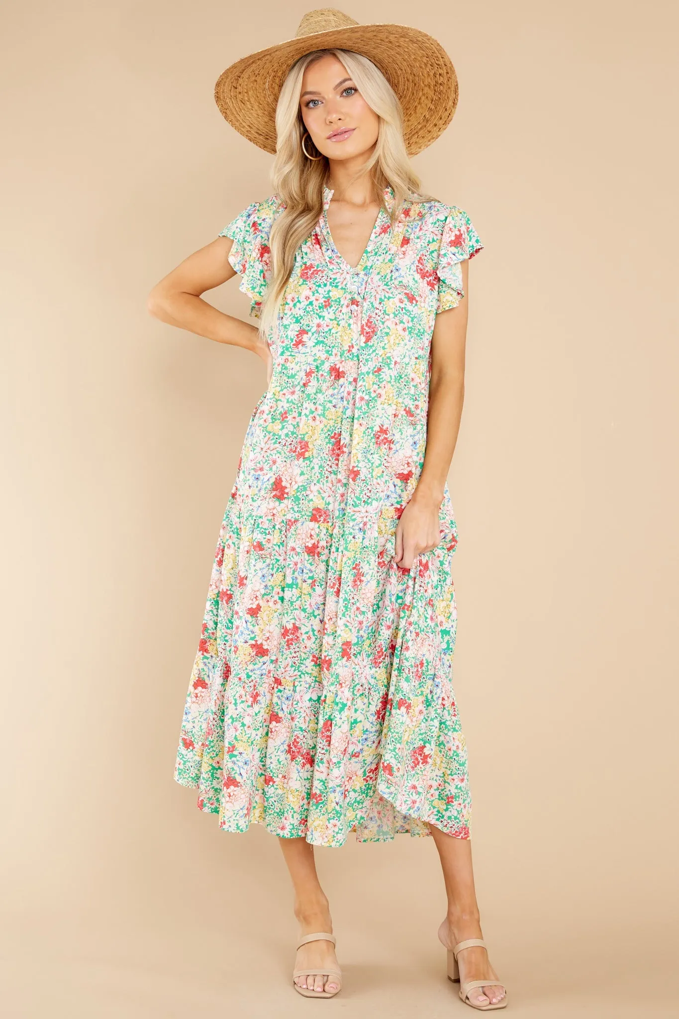 Life Begins Green Floral Print Midi Dress