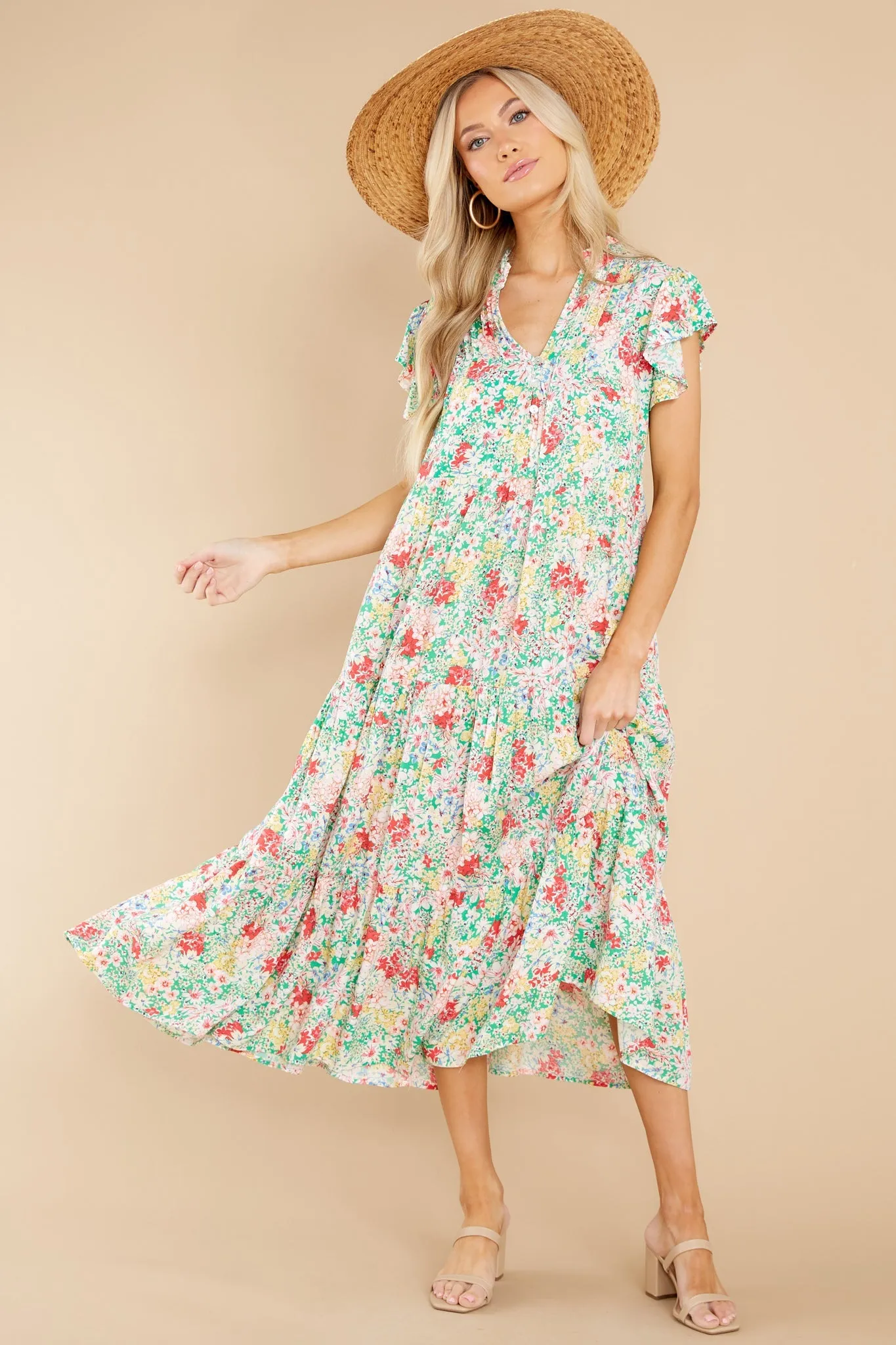 Life Begins Green Floral Print Midi Dress