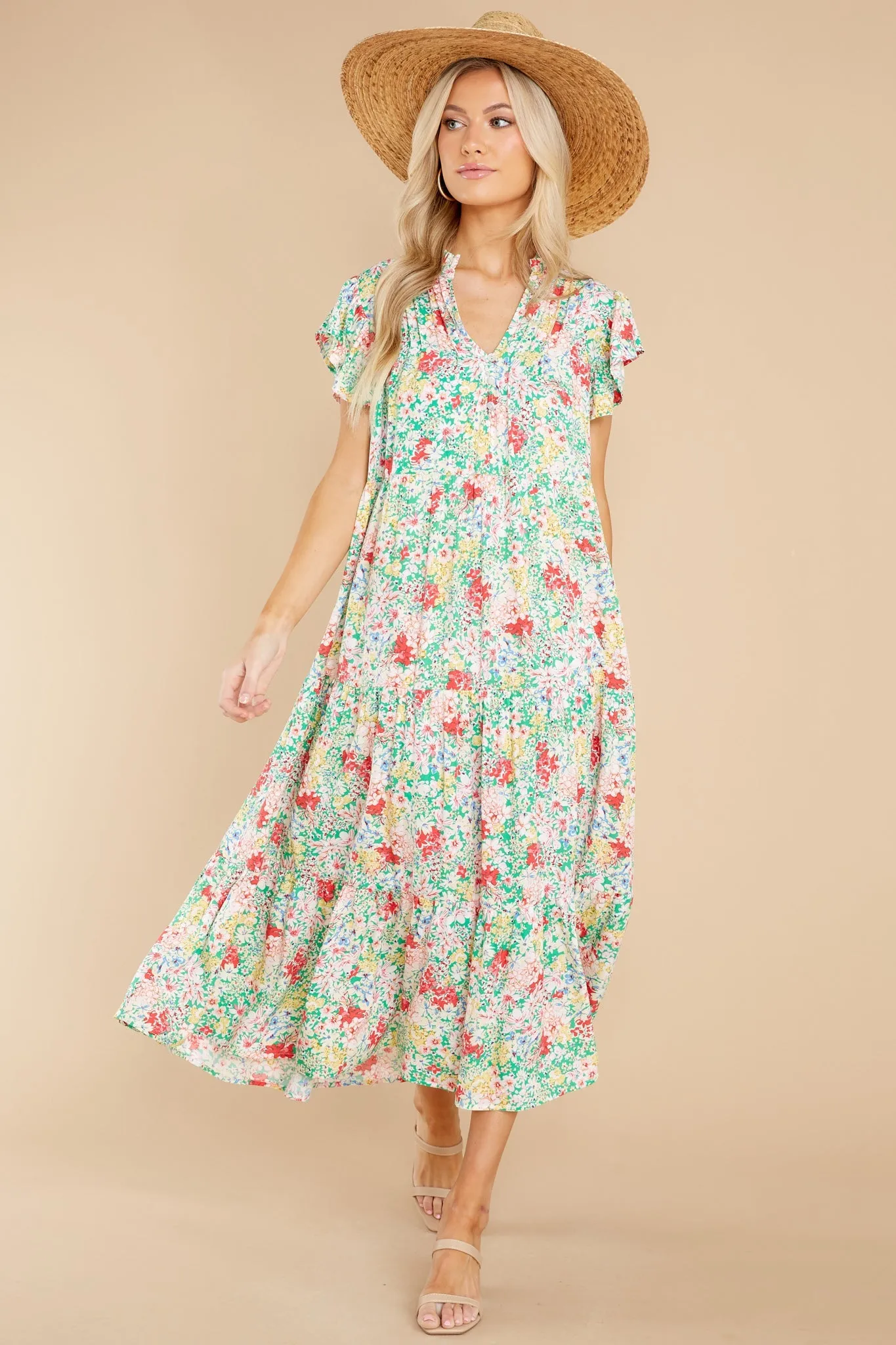 Life Begins Green Floral Print Midi Dress