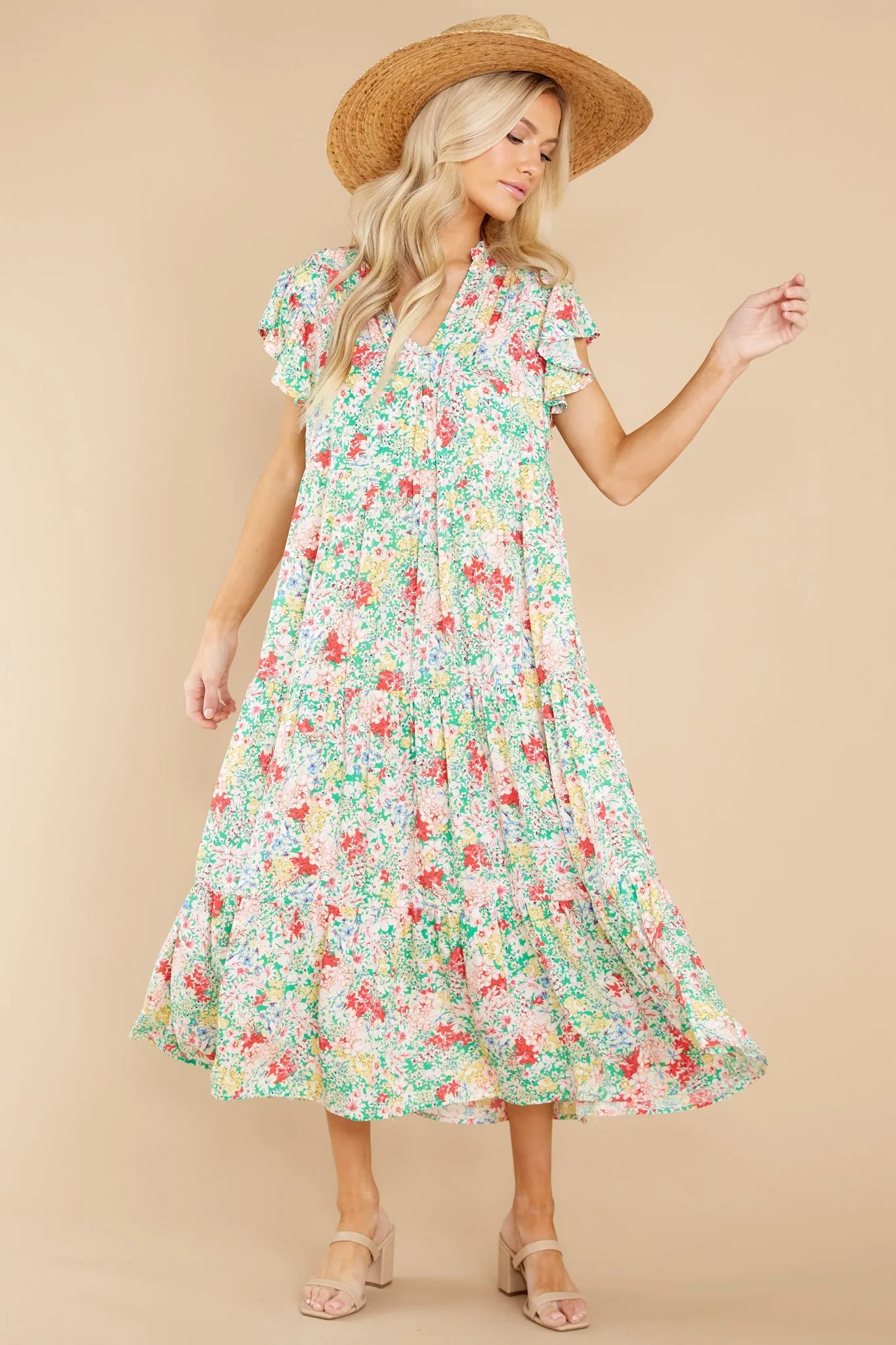 Life Begins Green Floral Print Midi Dress