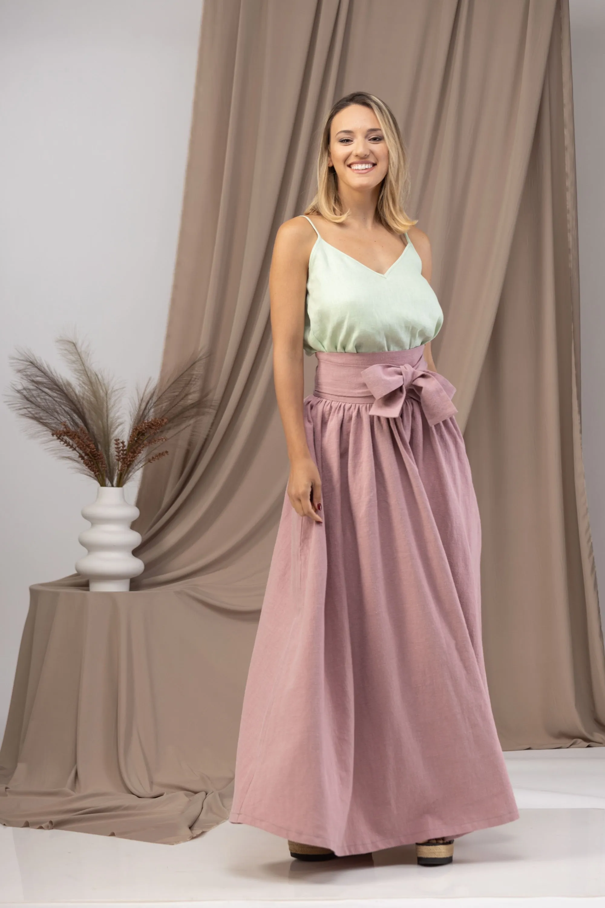 Linen High Waist Maxi Skirt with Pockets