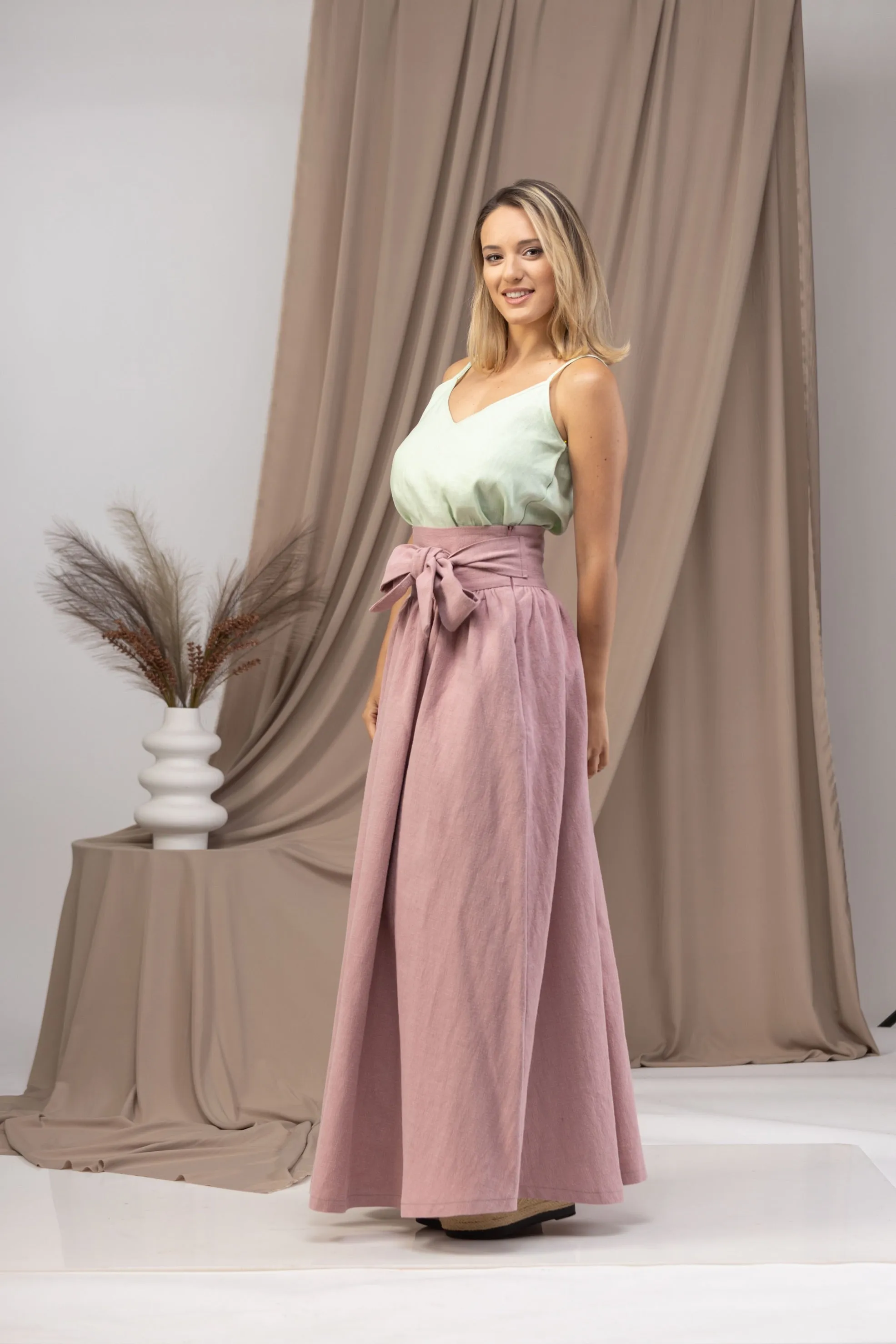 Linen High Waist Maxi Skirt with Pockets