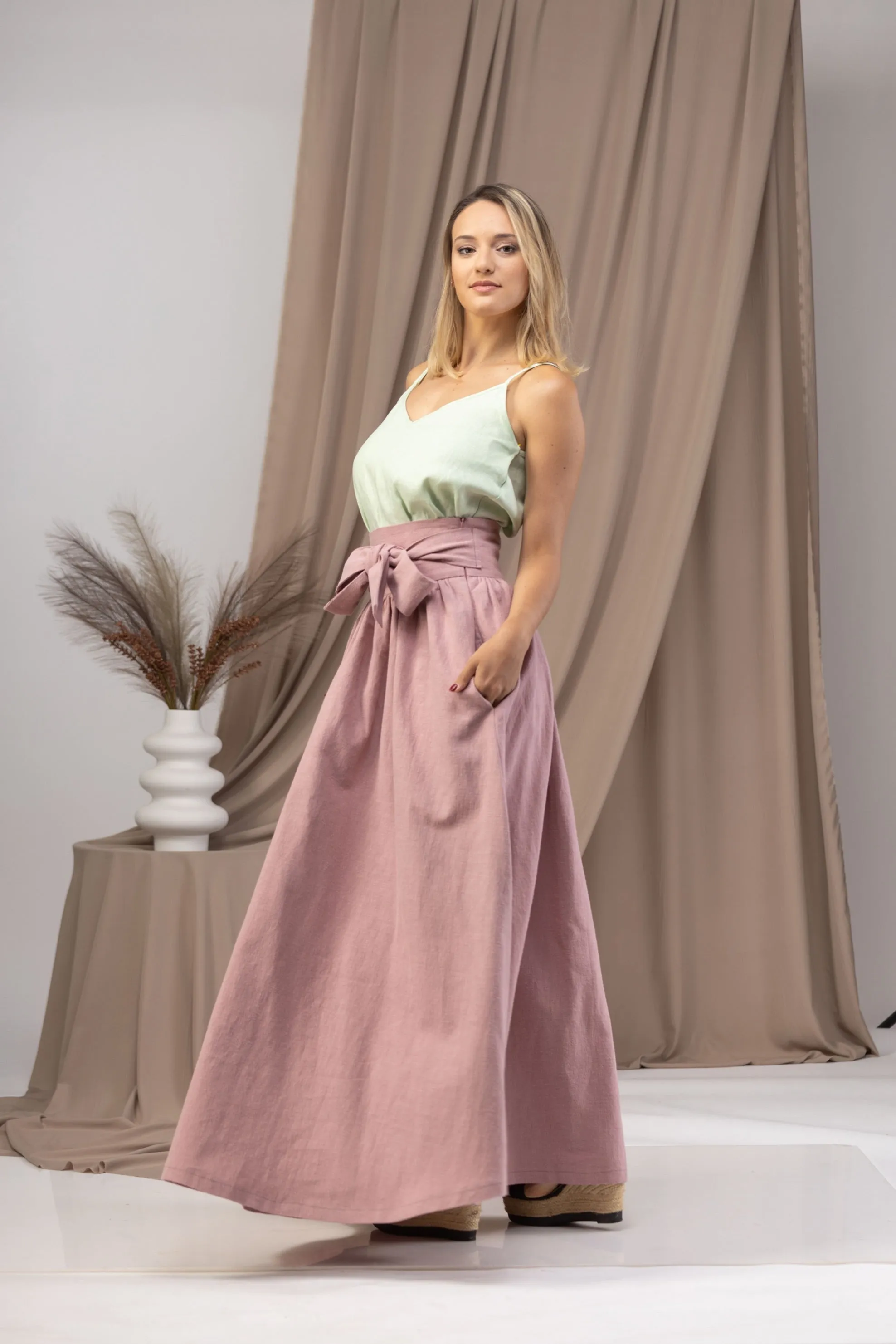 Linen High Waist Maxi Skirt with Pockets