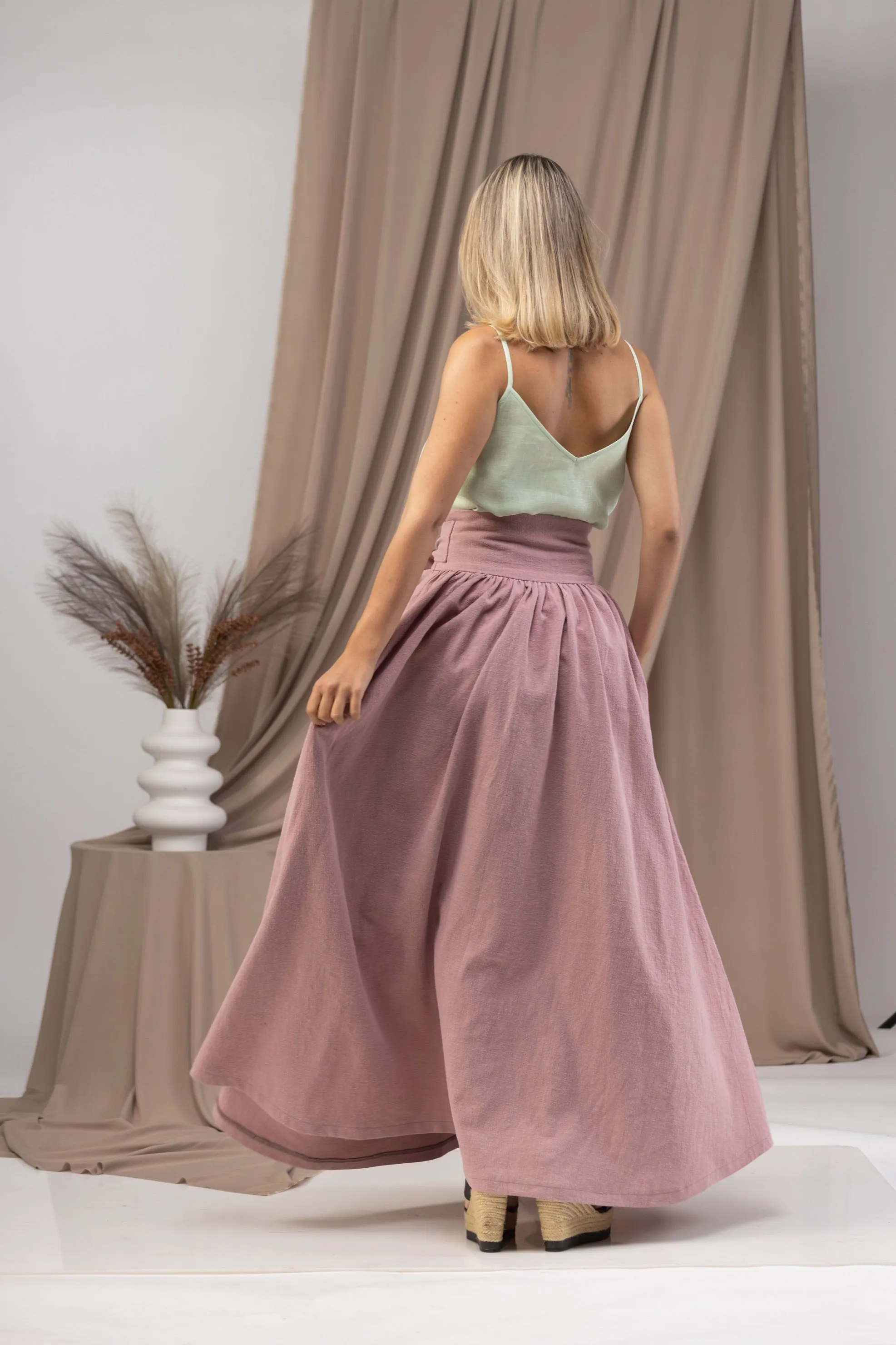 Linen High Waist Maxi Skirt with Pockets