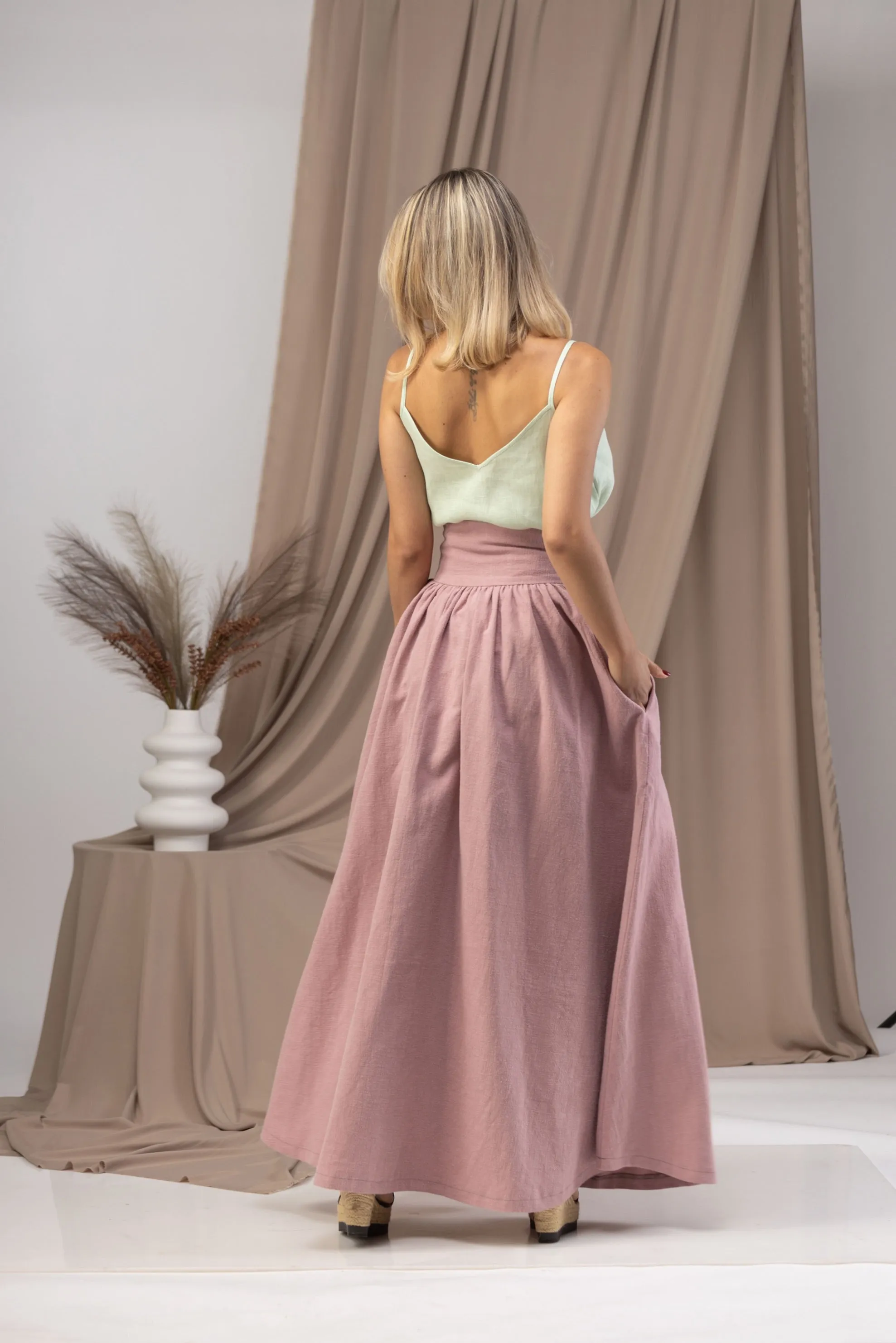 Linen High Waist Maxi Skirt with Pockets