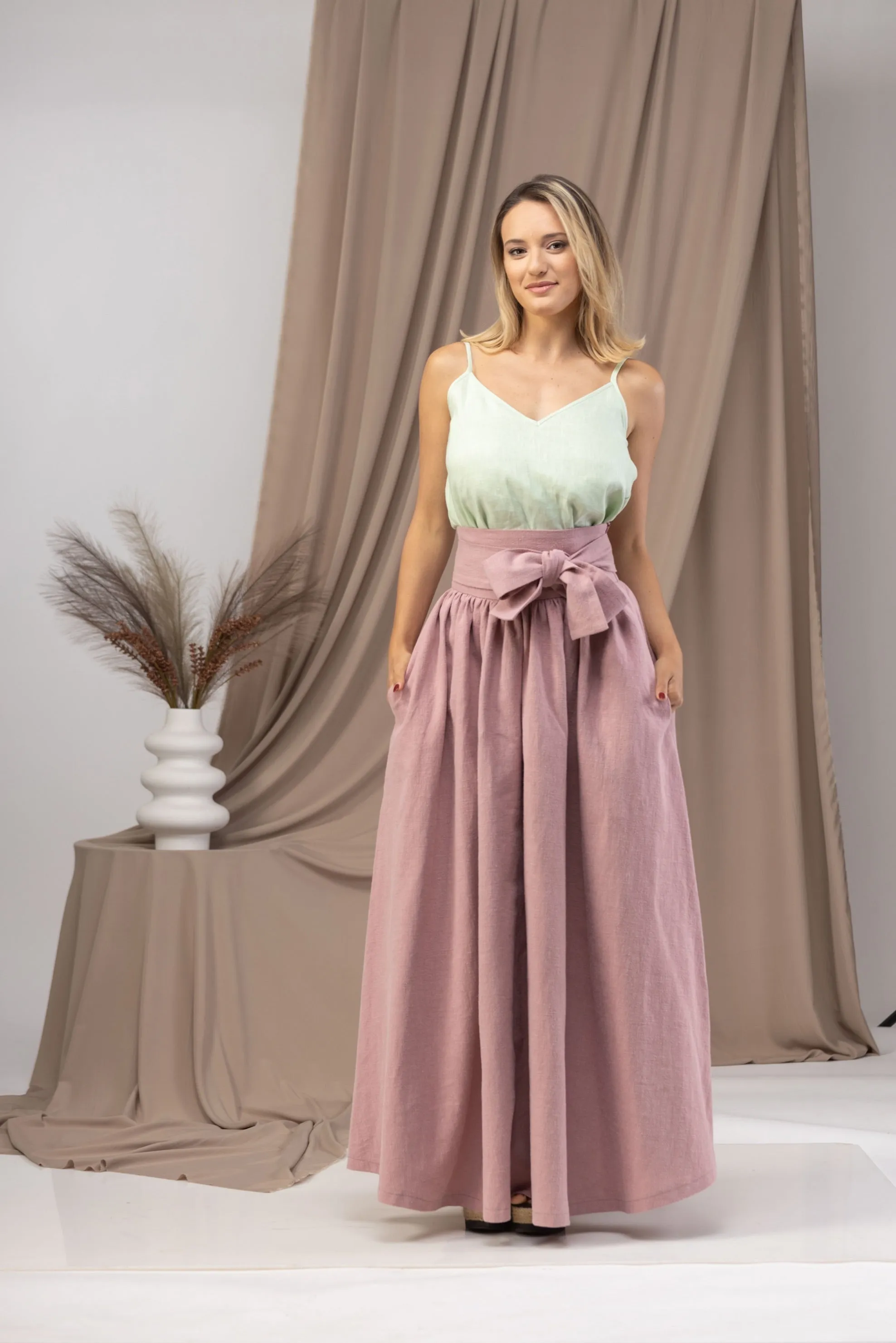 Linen High Waist Maxi Skirt with Pockets