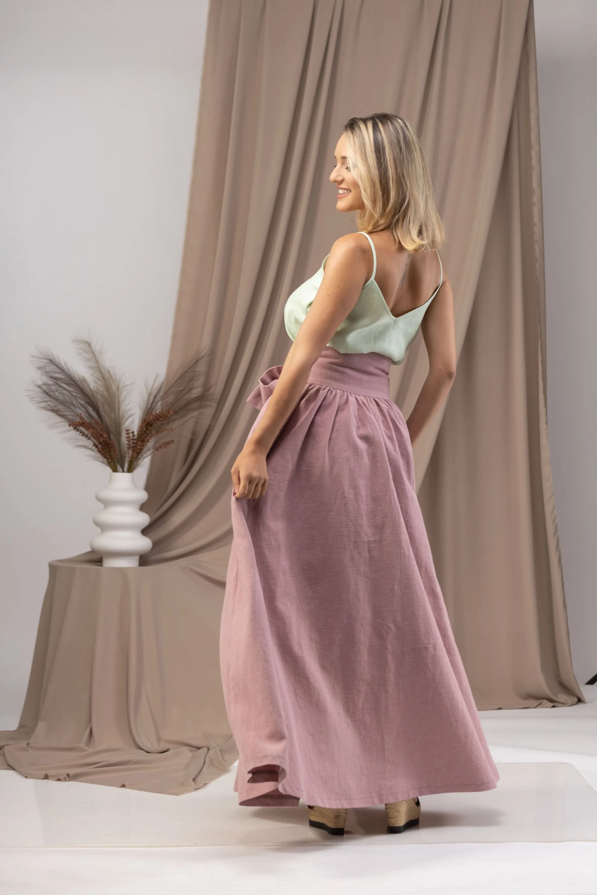 Linen High Waist Maxi Skirt with Pockets