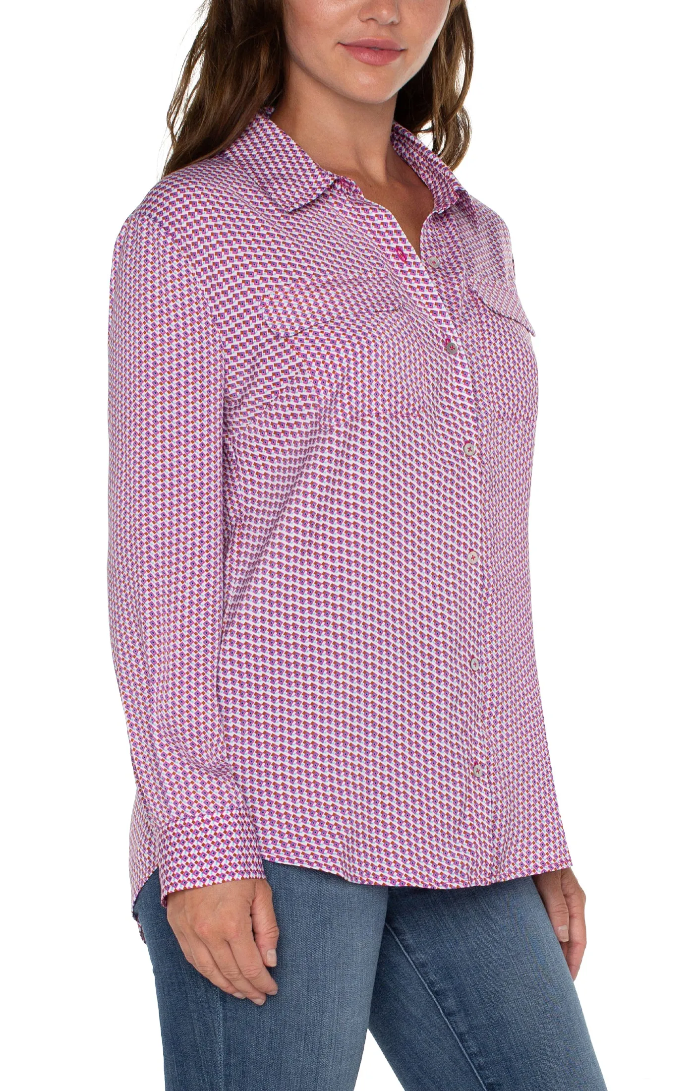 Liverpool Flap Pocket Button Front Blouse (fuchsia geo)