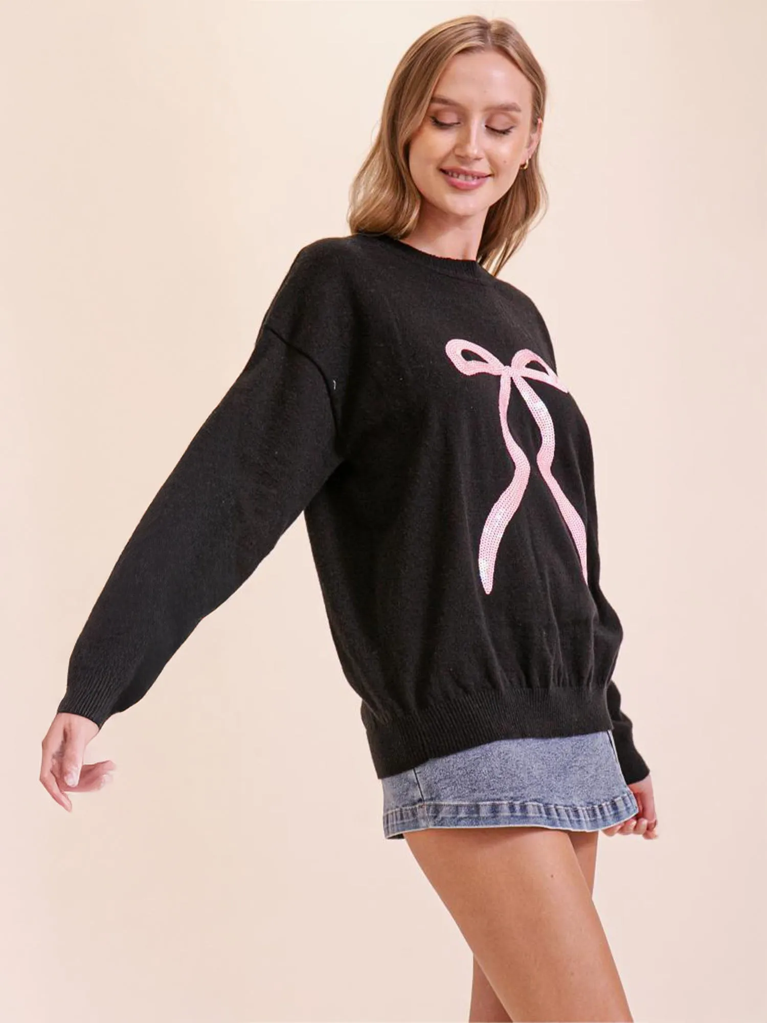 Long Sleeves Sequin Bow Sweater