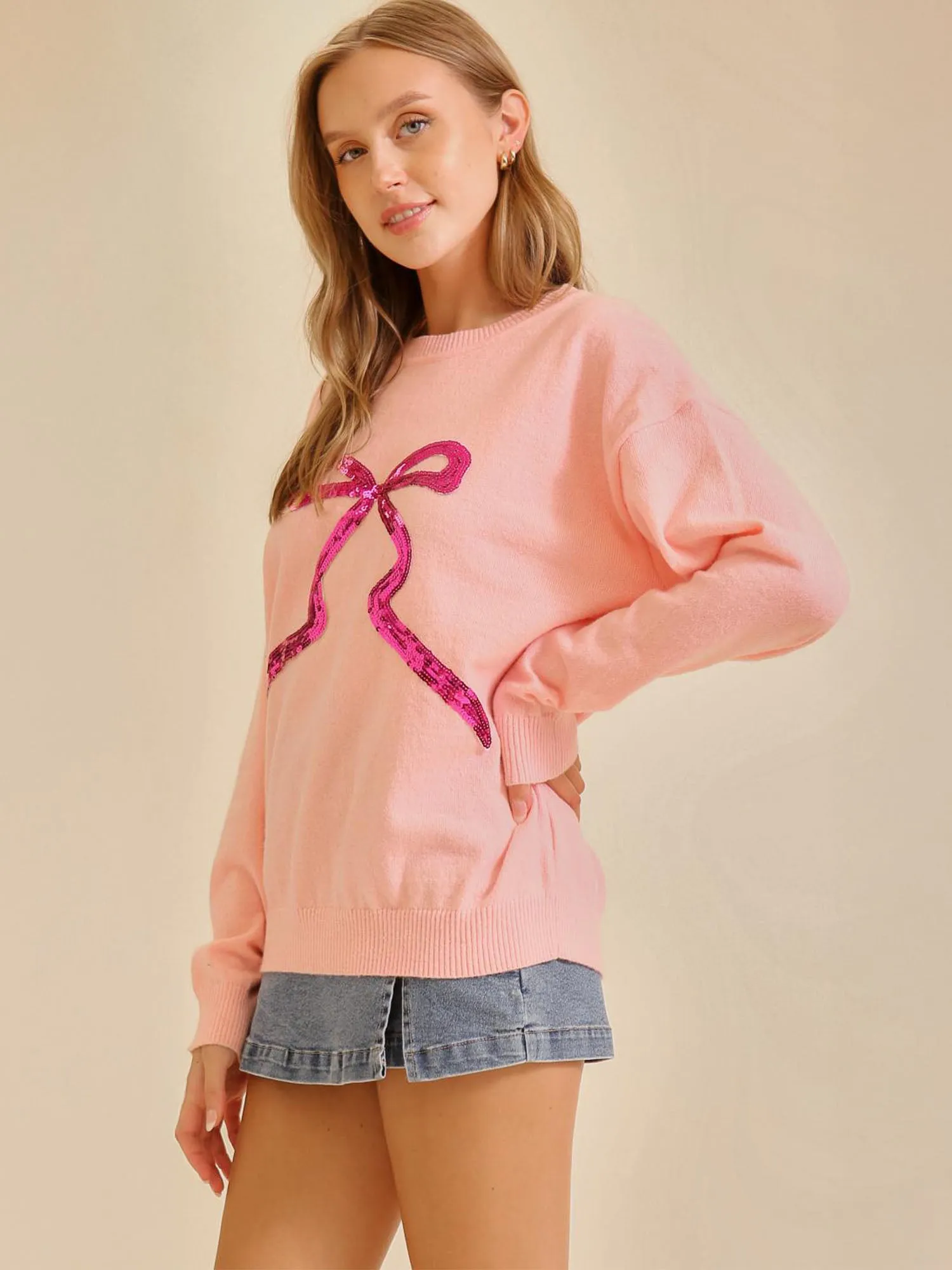 Long Sleeves Sequin Bow Sweater