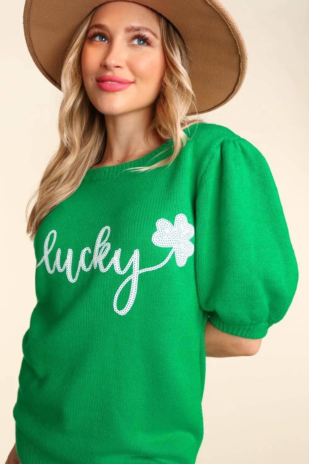 Lucky Shamrock Puff Sleeve Sweater