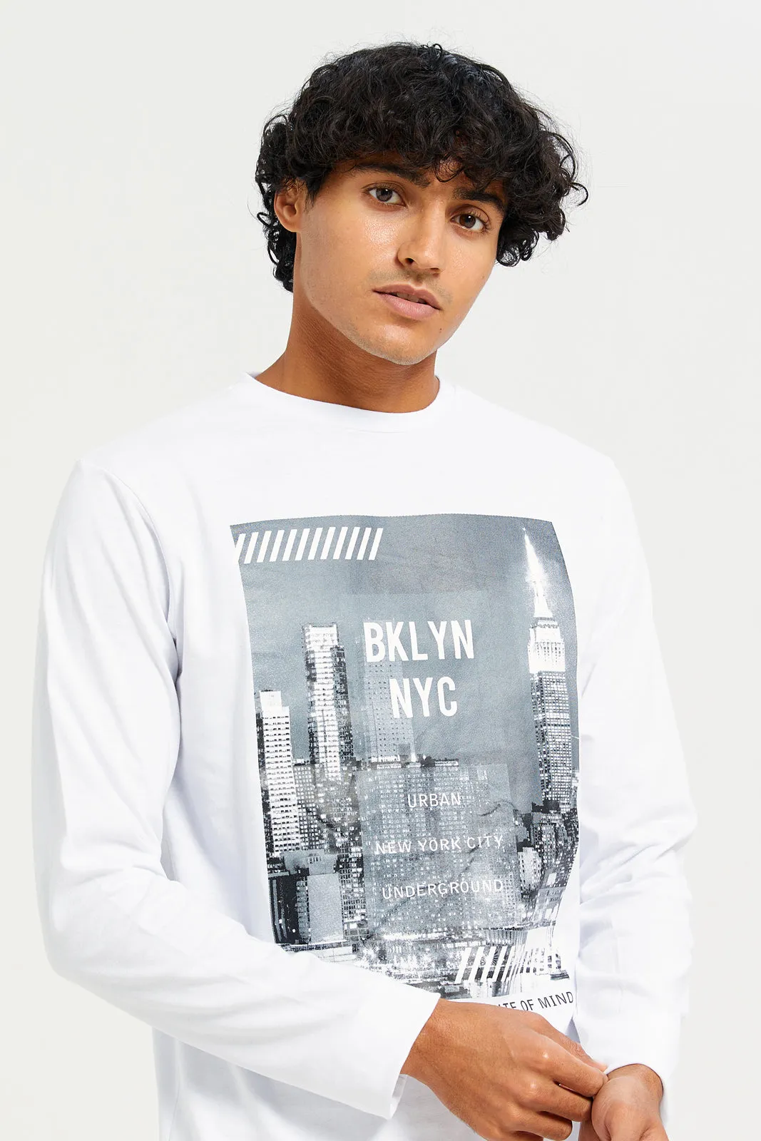 Men White Long Sleeve  Printed T-shirt