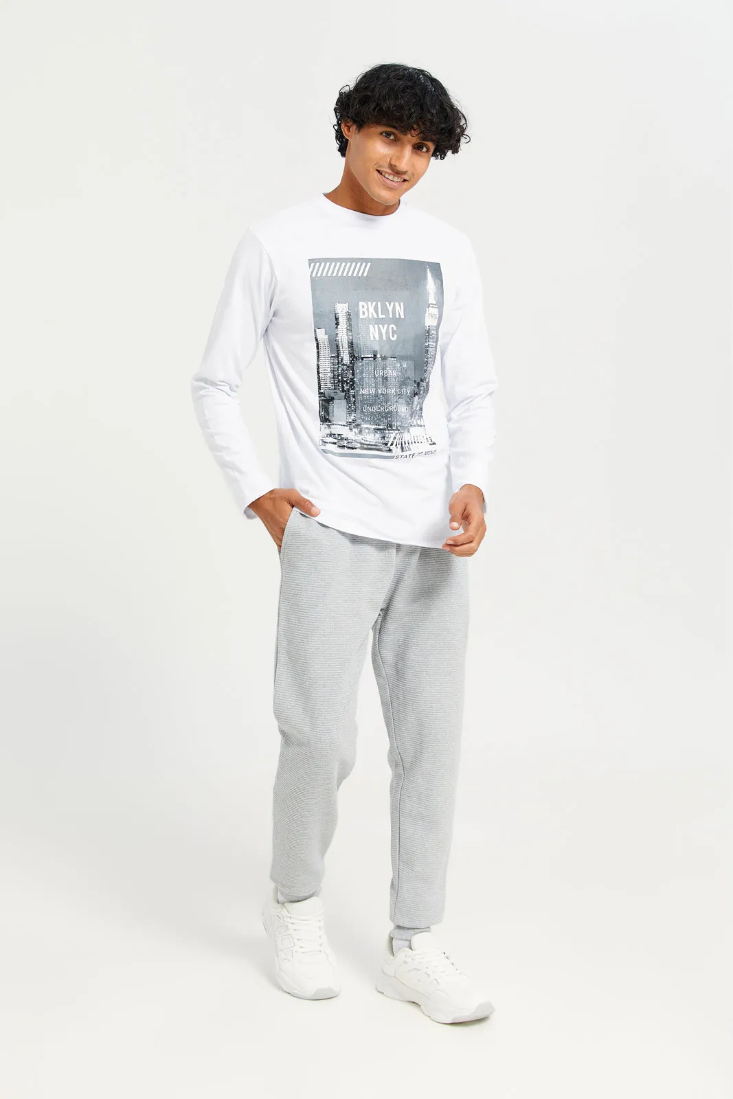 Men White Long Sleeve  Printed T-shirt