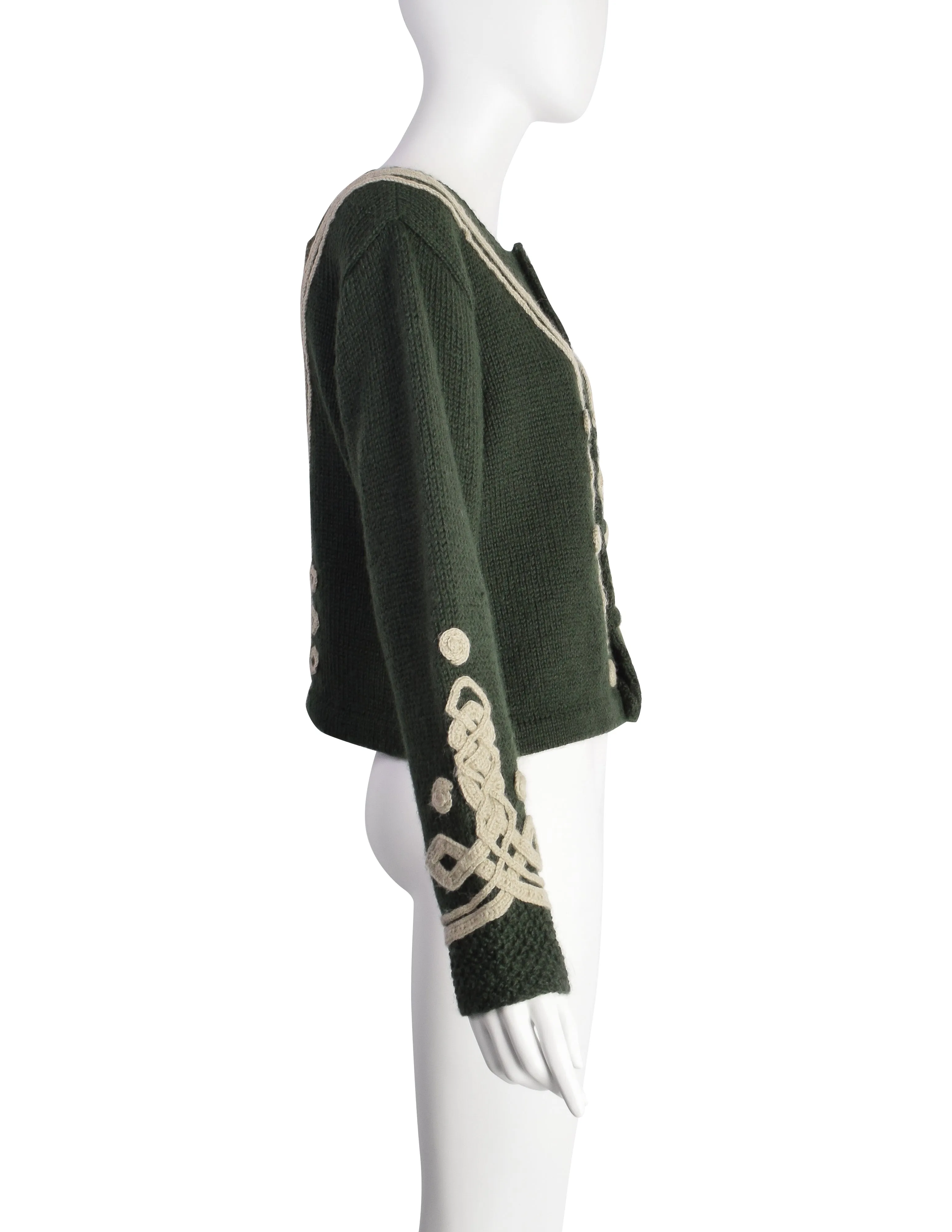 Mitsuhiro Matsuda Vintage 1980s Forest Green Applique Knit Cardigan Sweater